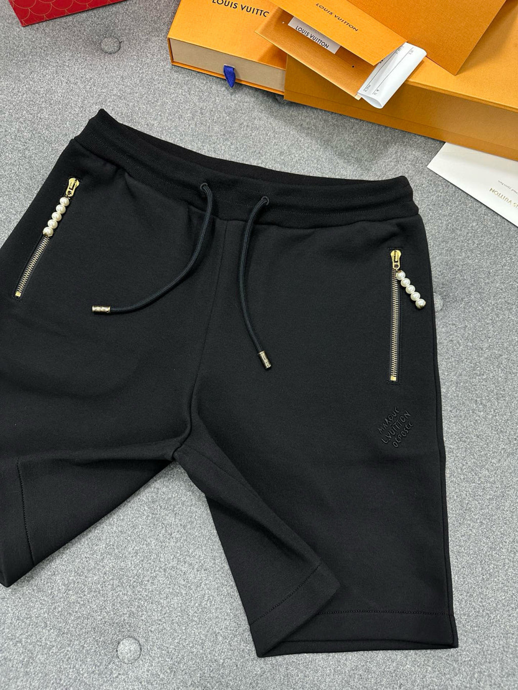 Men's Summer Black Embroidered Knit Fabric Casual Lace-Up Shorts Pants #98794