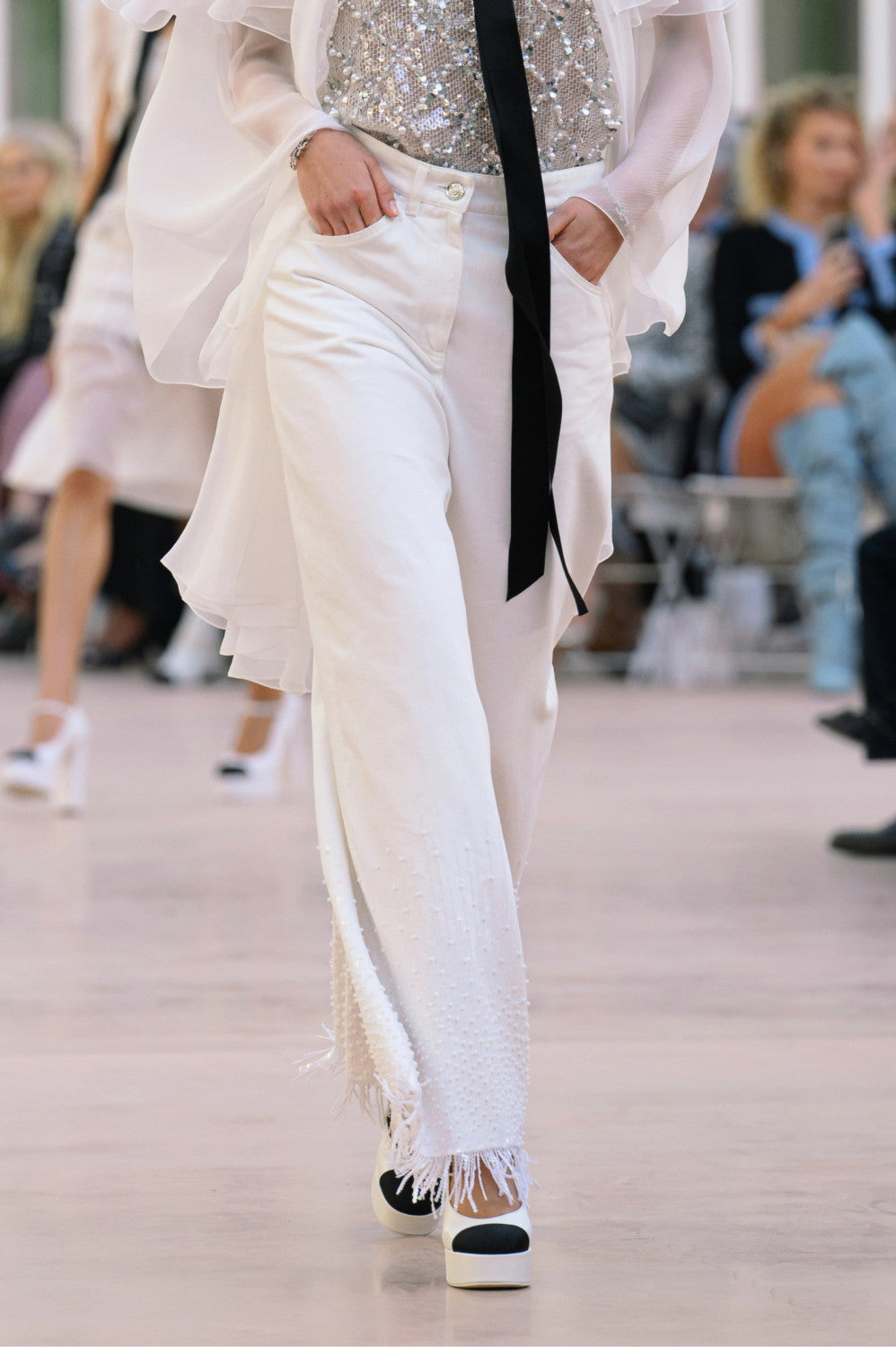 Women's Spring/summer Sequined Fringe Straight-leg Pants Black And White Denim Loose-fit Wide-leg  Long Pants Trousers Ngvp #2169