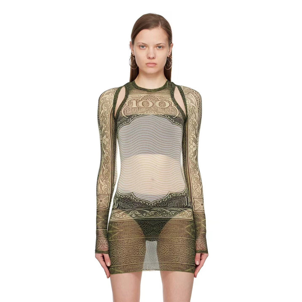 Jean Paul Gaultier Women's Summer Vintage Printed Smock Embroidered Mesh Pattern Round Neck Casual Sleeveless Dresses Ngvp #9374