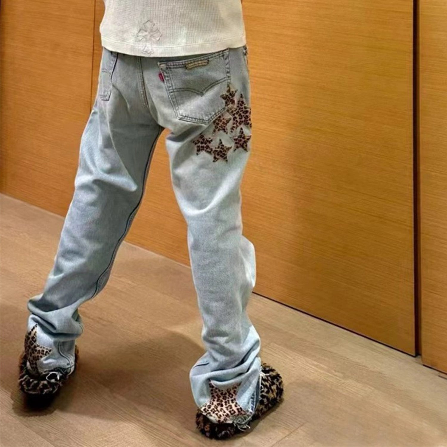 Men's Women's Spring/summer Leopard Pentagram Tannin Denim Metal Button Casual Straight Leg Pants Ngvp #7875