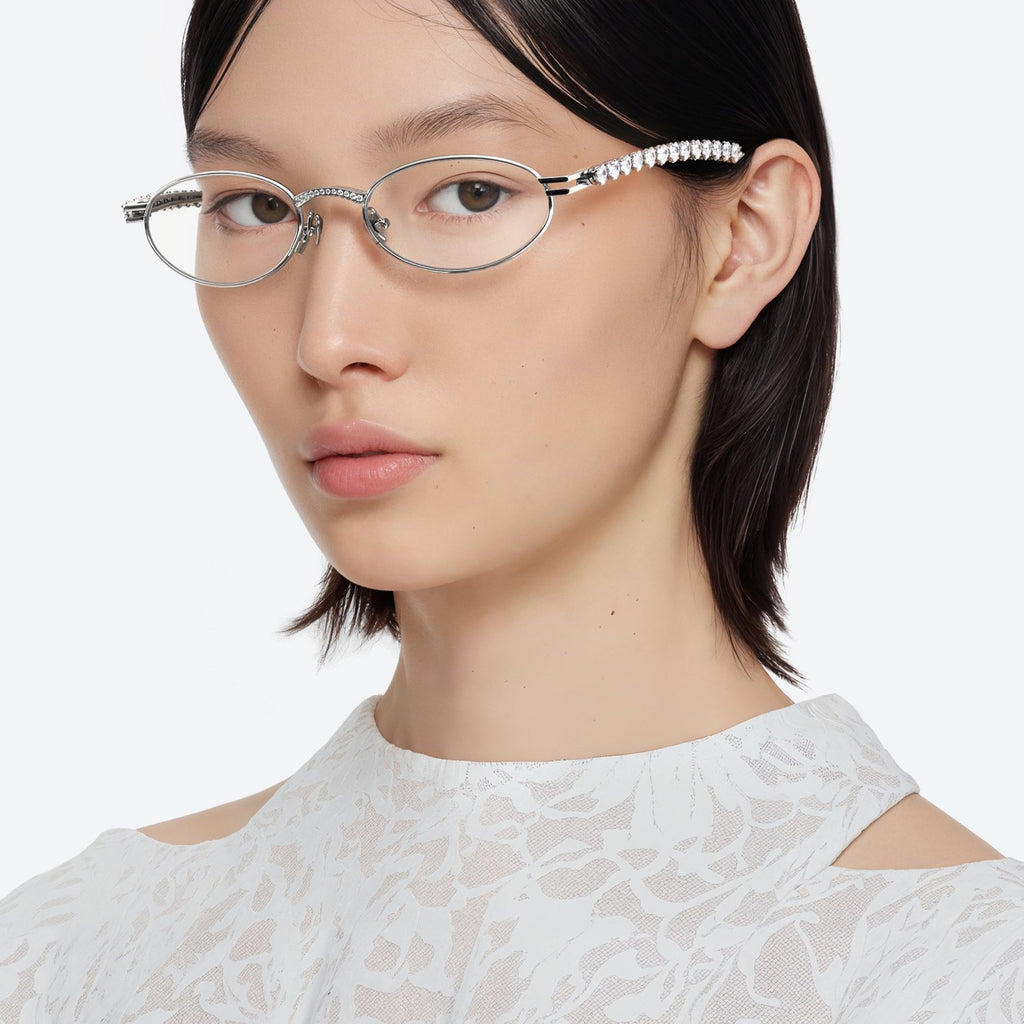 Gentle Monster Jennie - Barrette 02 Women's Fashion Jentle Salon Collection Sunglasses Oval Silver Diamond Metal Frame Trendy Eyewear Glasses  Accessories Ngvp #9242