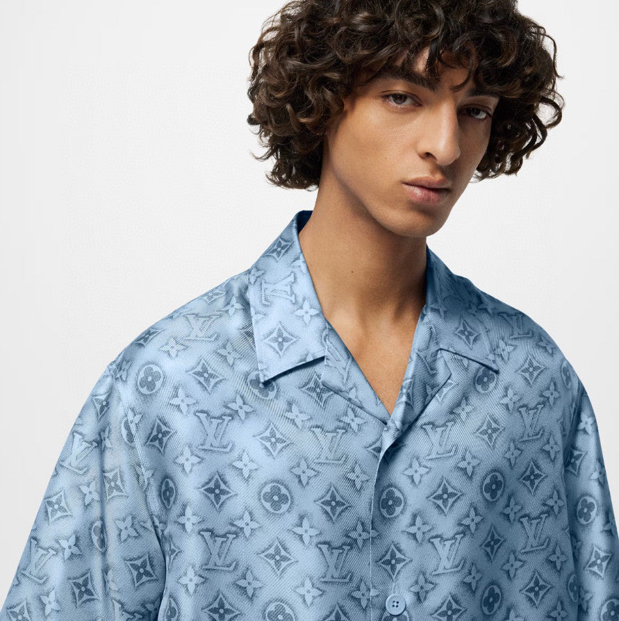 Men's Summer Blue Logo Print Full Print Lapel Single Breasted Casual Short Sleeve Shirt Elastic Waist Shorts #98438