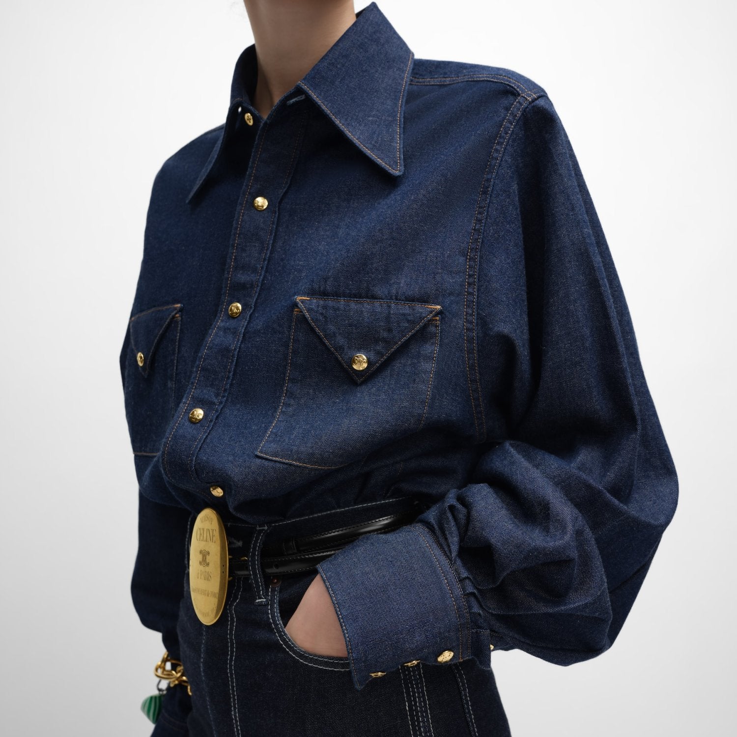Women's Spring/summer Dark-wash Denim Shirt With Pocket Design Collar Long Sleeves Single-button Front - Fashionable And Elegant Shirt #194478