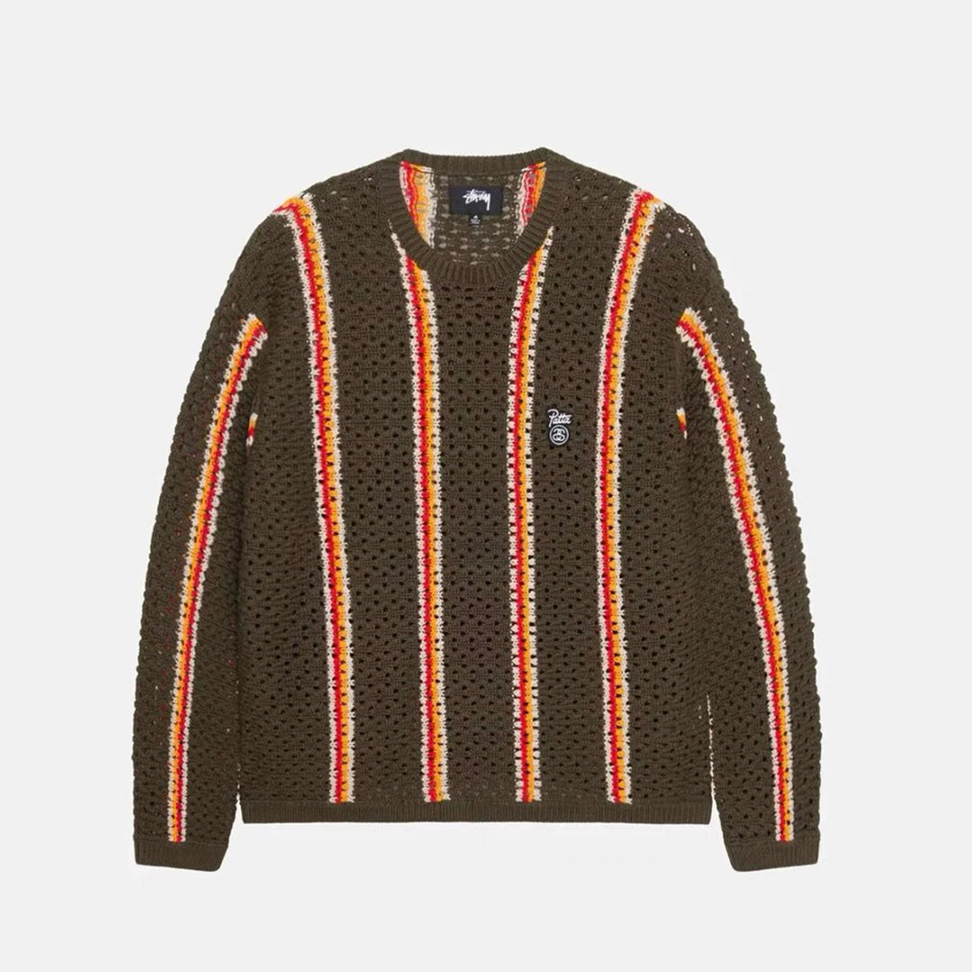 SS x Patta Men's Women's Spring. Autumn And Winter Logo Embroidery Stripes Colorblocking Hollow Knit Long Sleeve Round Neck Loose Sweater Ngvp #9219