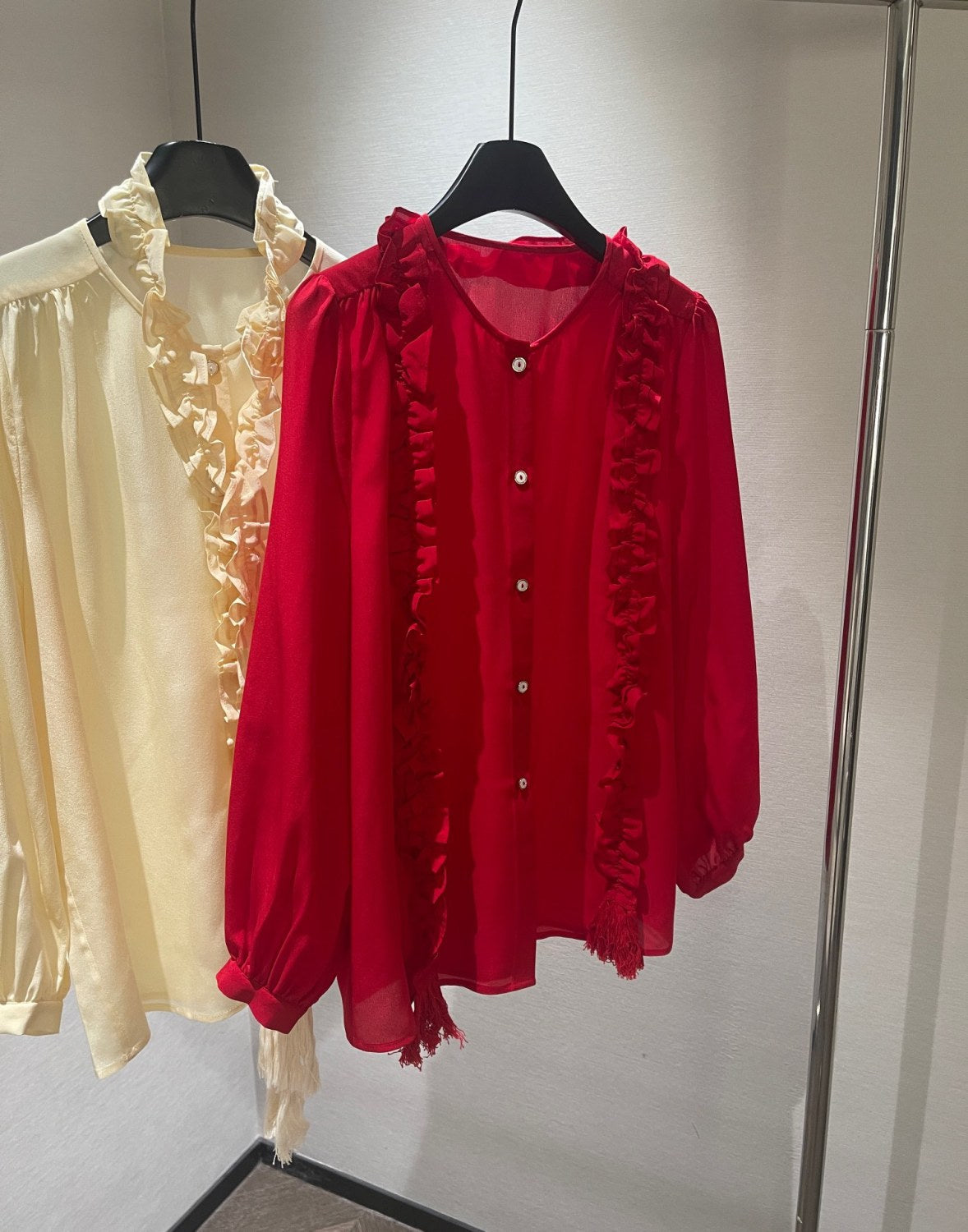 Women's Summer Solid Color Long Sleeved Bow Flutter Silk Single Breasted Shirt #74765