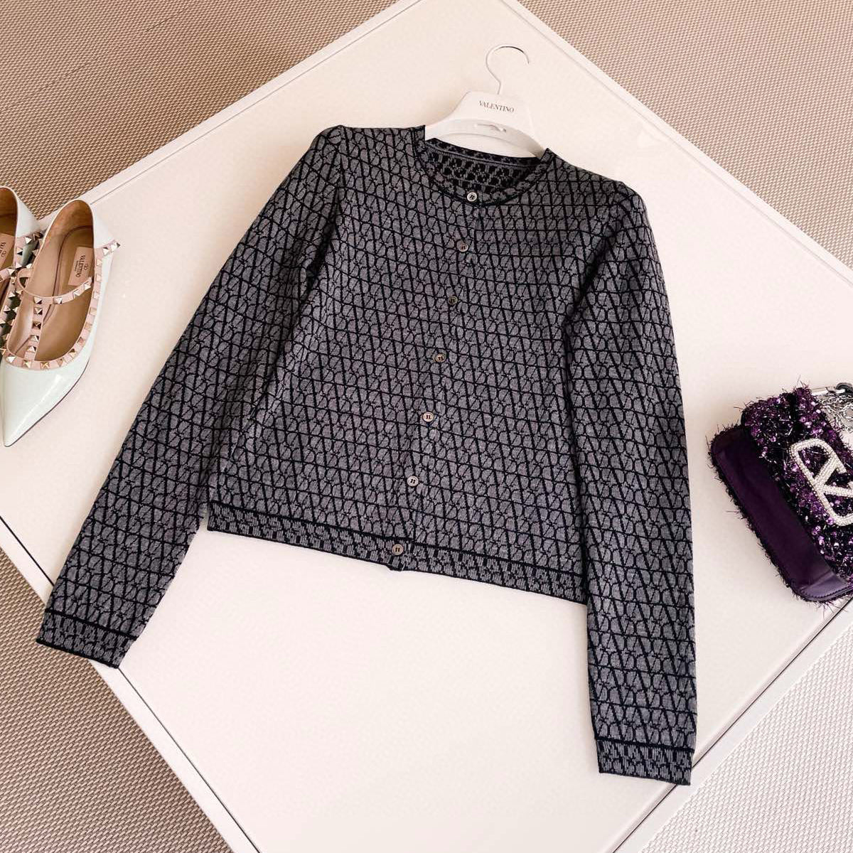 Women's Spring And Fall Logo Jacquard Embroidery Single Breasted Round Neck Long Sleeved Knit Sweater Jacket #73386