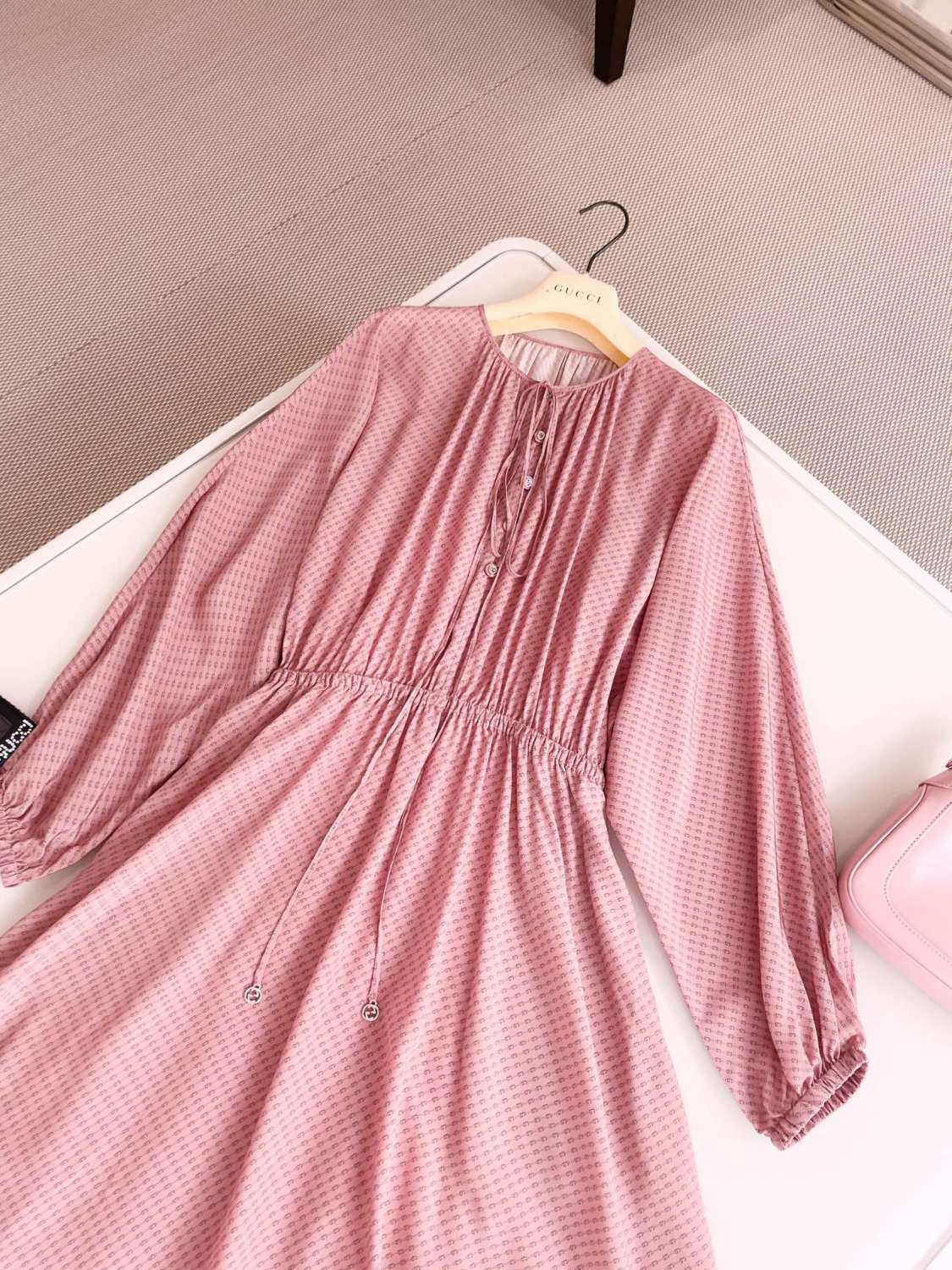 Women's Summer Pink All Over Logo Printed Silk Tunic Long Sleeve Dresses #72483