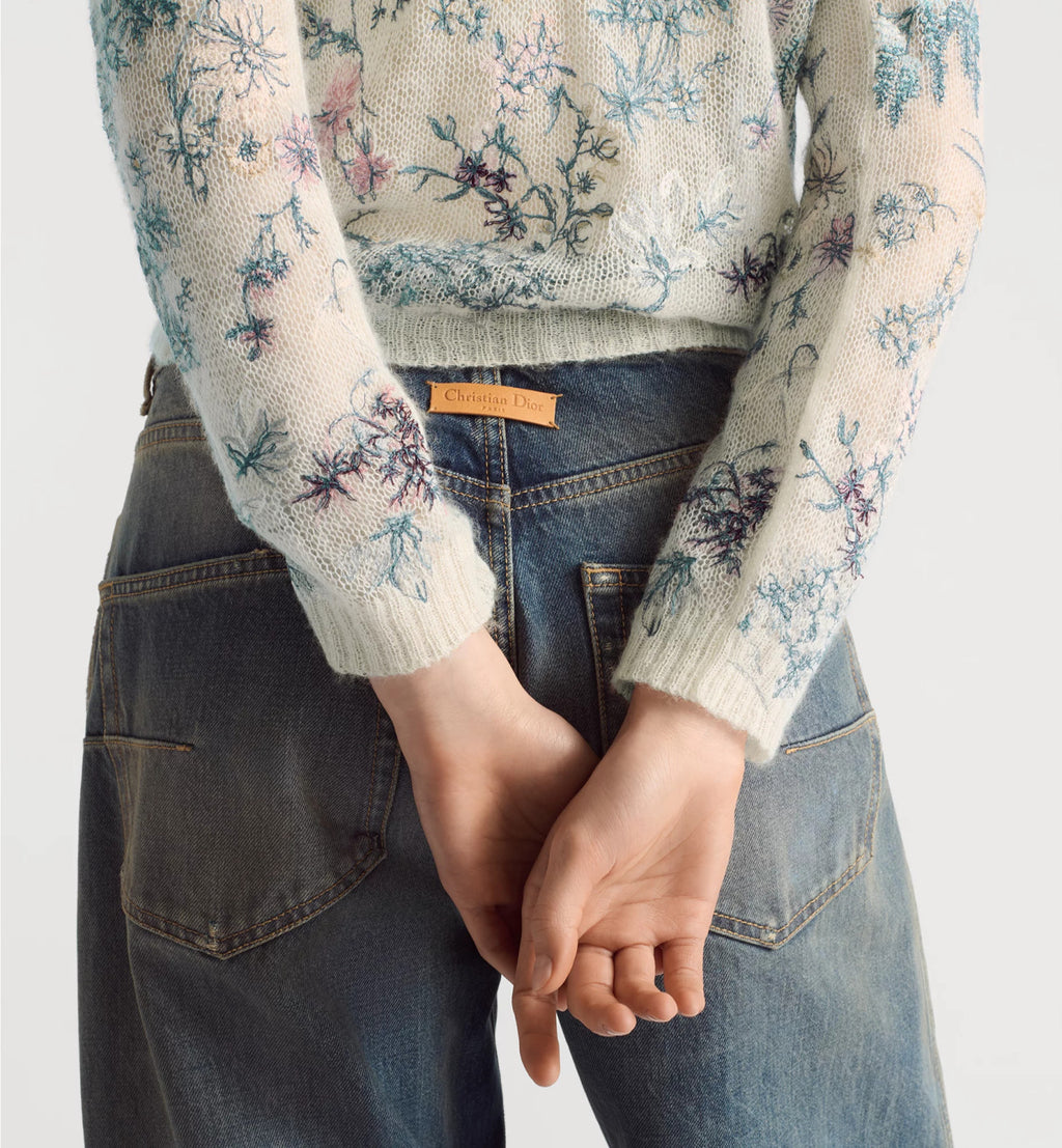 Women's Spring. Autumn And Winter Floral Embroidery Solid Color Mohair Long Sleeve Round Neck Pullover Knitted Sweater Ngvp #1539