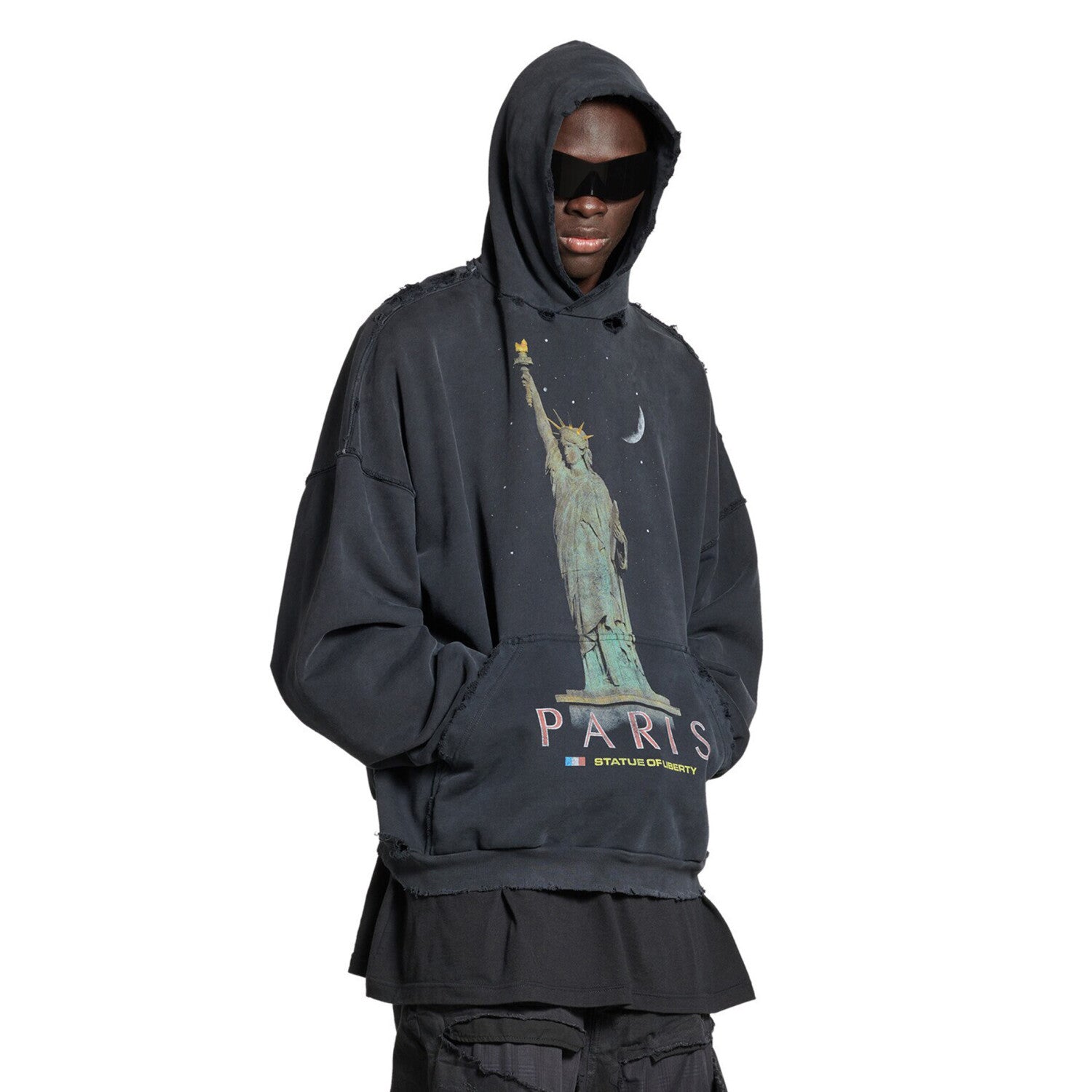 Men's Spring And Autumn High Street Cotton PARIS LIBERTY Black Loose Old Torn Hooded Sweatshirt Ngvp #8964