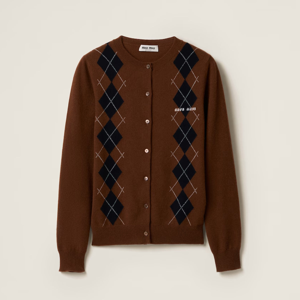 Women's Vintage High-Street Logo Print Diamond Pattern Crew Neck Single-Button Solid Color Spring/Fall/Winter Long-Sleeve Cashmere Knit Cardigan #81539