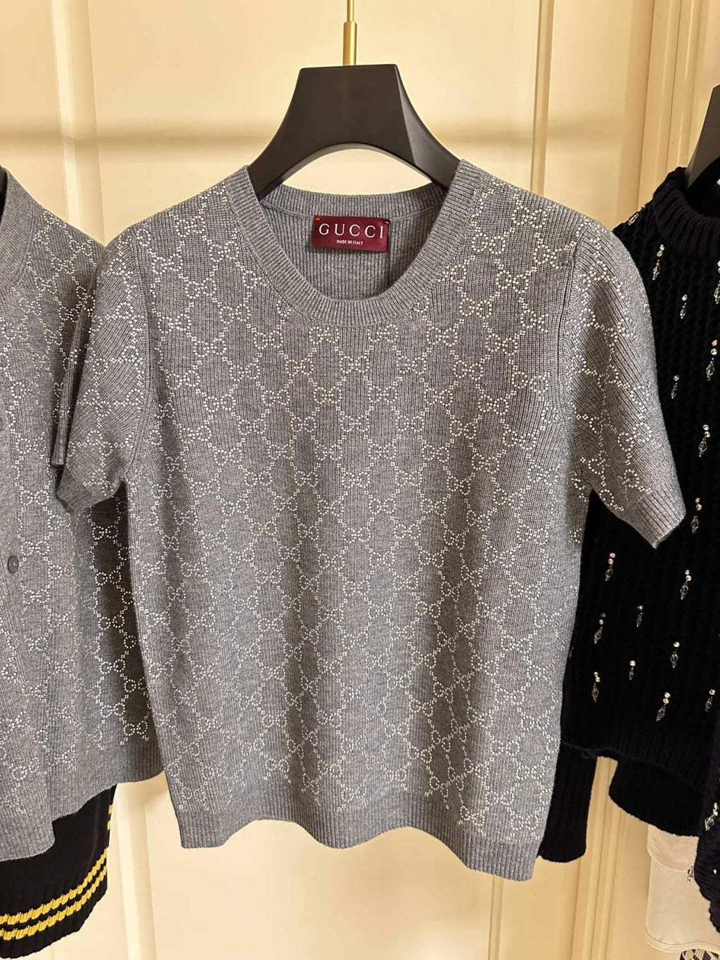 Women's Summer Gray Letter Logo Rhinestone Decoration Slim Short Sleeve Knit T-Shirt #72992