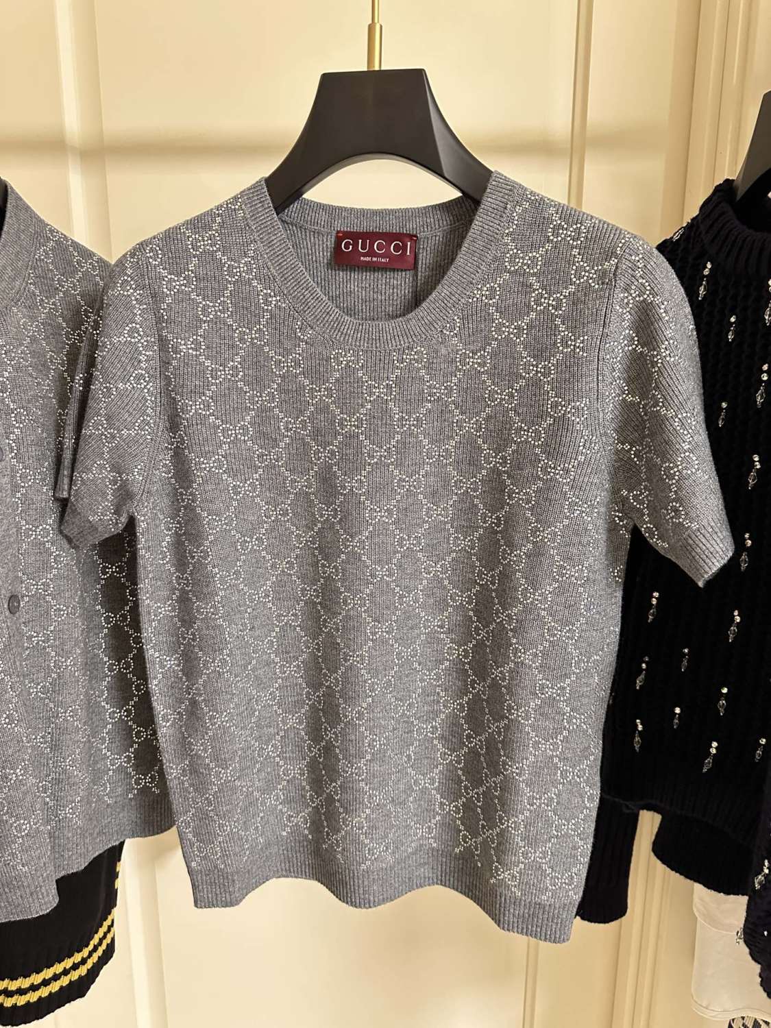 Women's Summer Gray Letter Logo Rhinestone Decoration Slim Short Sleeve Knit T-Shirt #72992