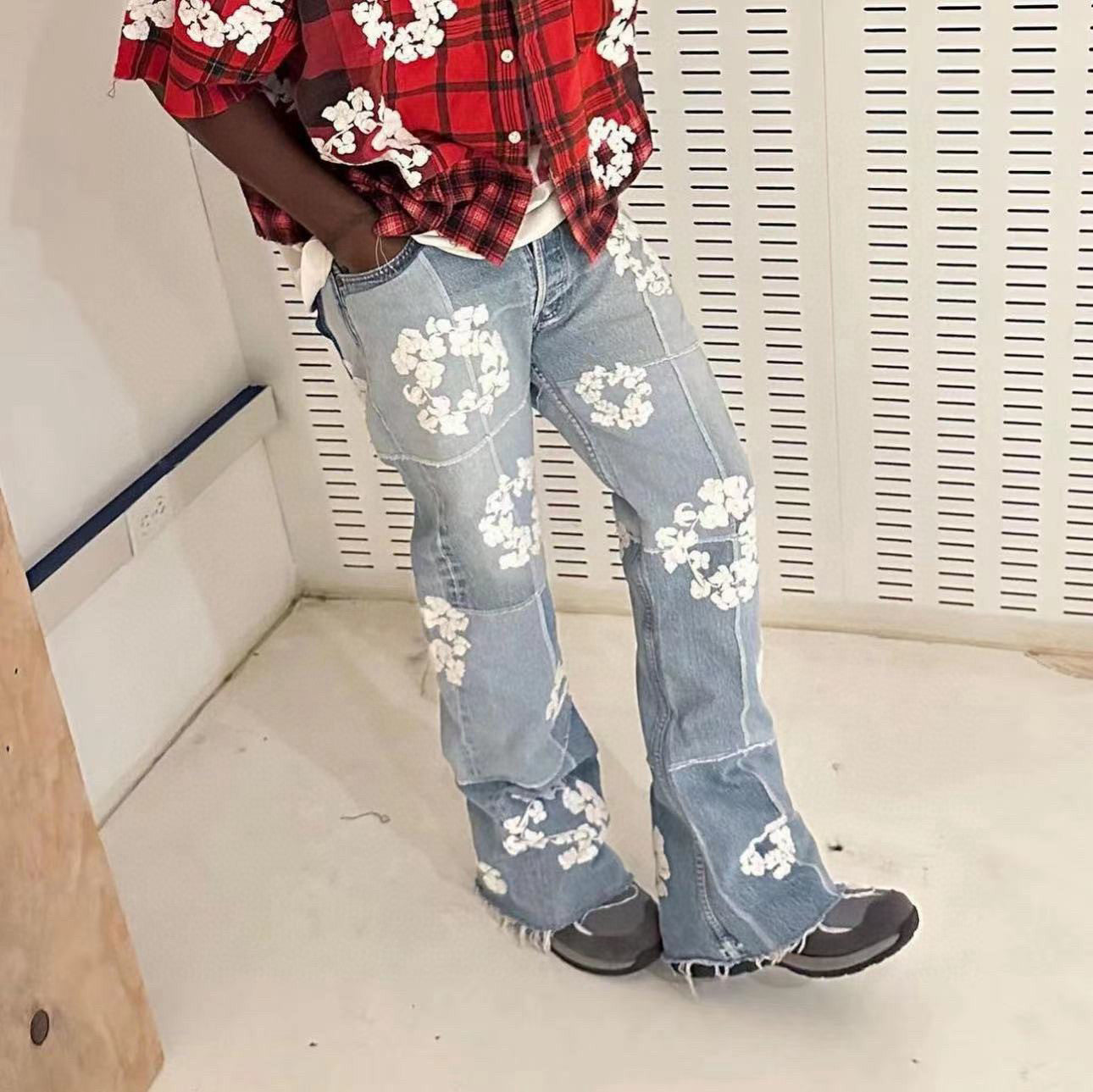 Denim Tears x Readymade Men's Women's Washed And Aged Floral Embroidery Patchwork Fitted Wide Leg Blue Denim Pants Ngvp #8138