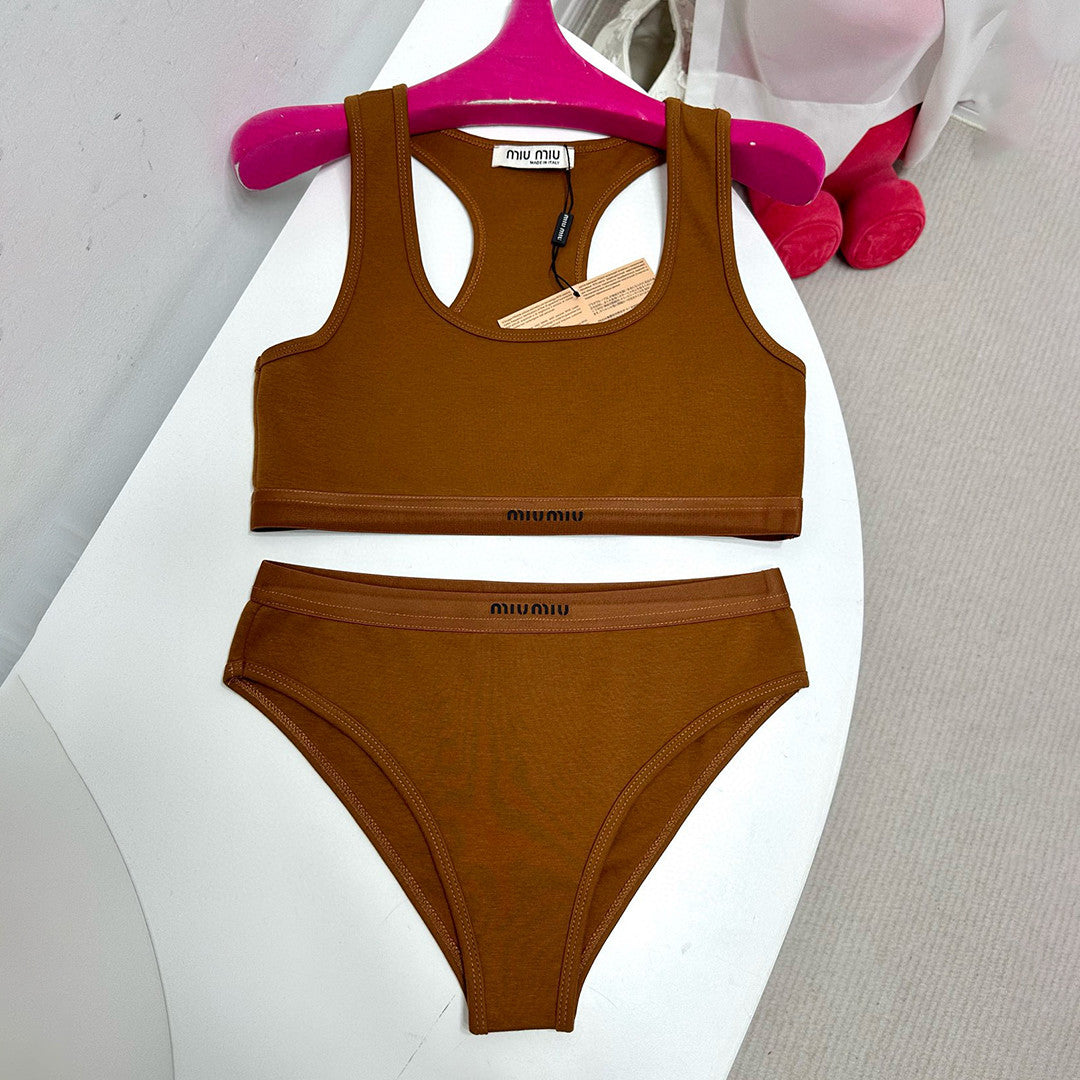 Women's Logo Jacquard Knit Sports Tank Top Cotton Solid Color Swimsuit Triangle Panty Set Suit #81189