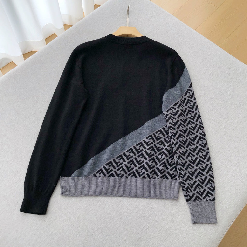 Men's Spring Autumn FF Classic Twill Jacquard Patchwork Crew Neck Knit Pullover Sweater #97843