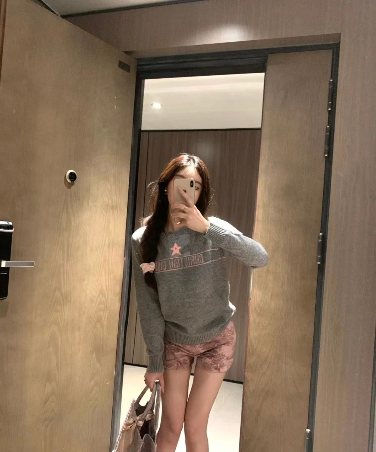 Women's Autumn And Winter Jacquard Knit Sweater Gray Pink 100% Cashmere Fabric With Logo Round Neck Long Sleeve Pullover Knitted Sweater #71784