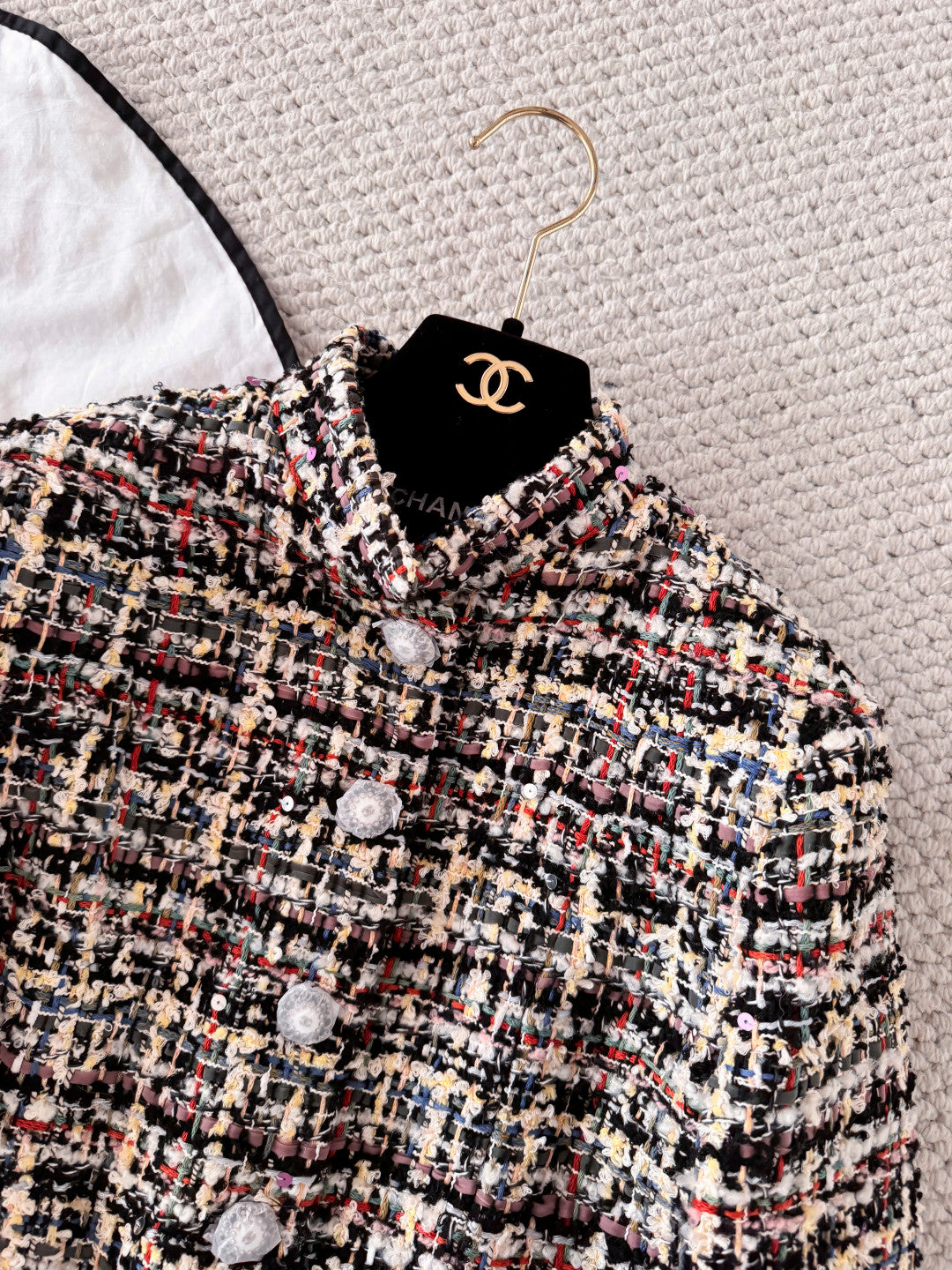 Women's 26SS Round Neck Button-up Tweed Short Coat Jacket Short Skirt Set Suit #194252