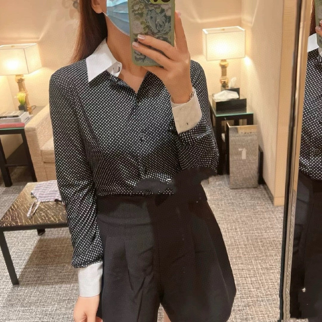 Women's Spring And Fall Logo Full Print Single-Breasted Long-Sleeved Lapel Fitted Shirt Ngvp #9461