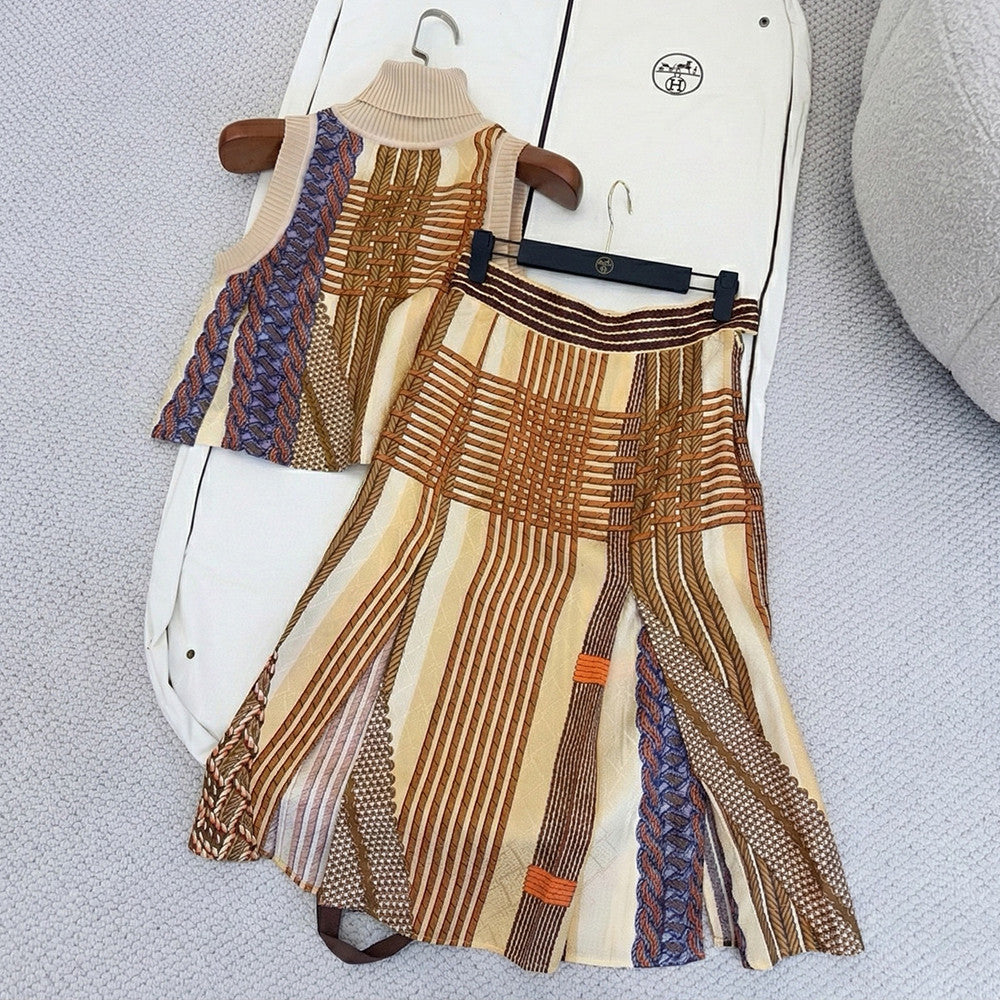 Women's Spring/Summer 2026 Silk printed check pattern Knitted and silk patchwork Shirt dress Suit Set #82539A