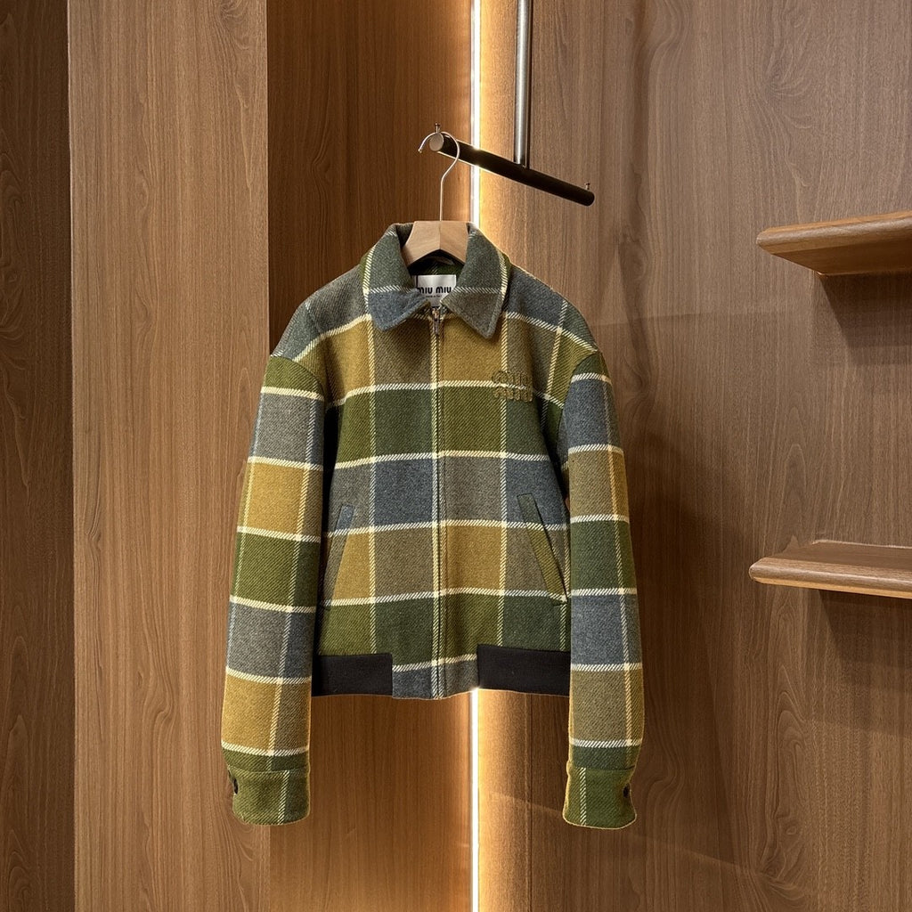 Women's Classic Checkered Pattern Short Jacket Fashionable Retro Color-Block Collar Zipper Jacket #193778