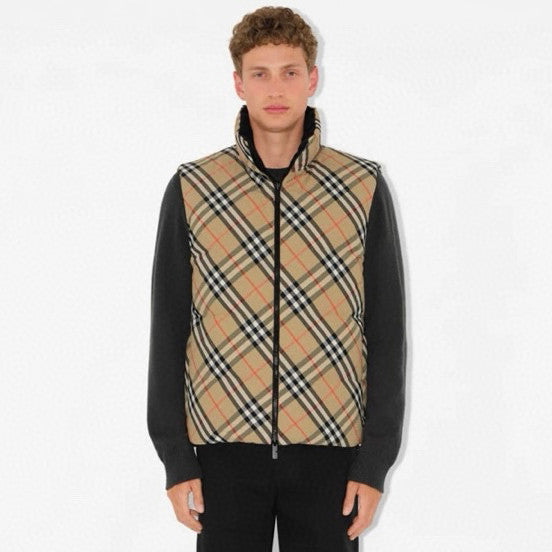 Men's And Women's Fall/winter Fashion Casual Stand Collar Zipper Checkered Reversible Double Sided Checkered Nylon Padded Vest #79369