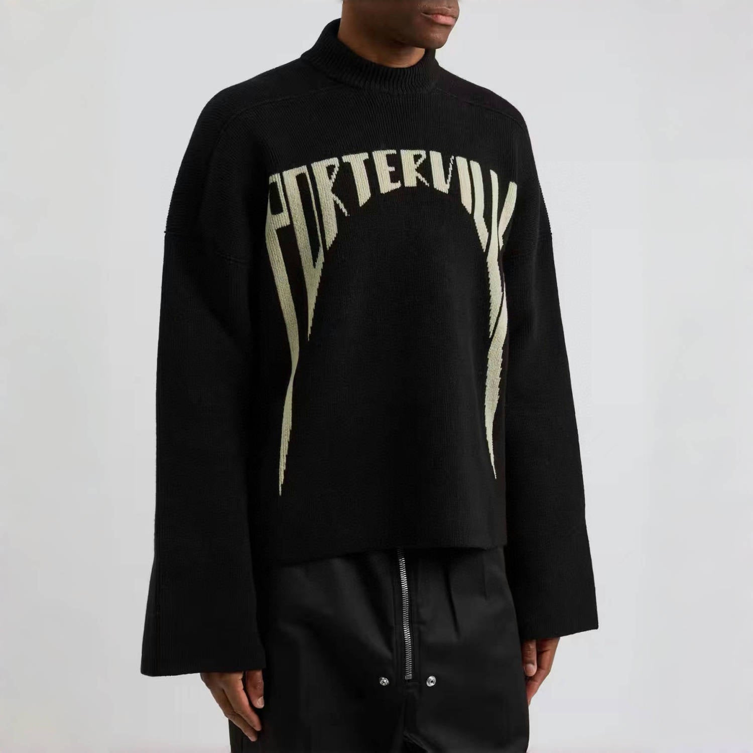 Rick Owens Men's Spring. Fall And Winter Half Turtleneck Letter Jacquard Black Knit Long Sleeve Wool Sweater Ngvp #9438