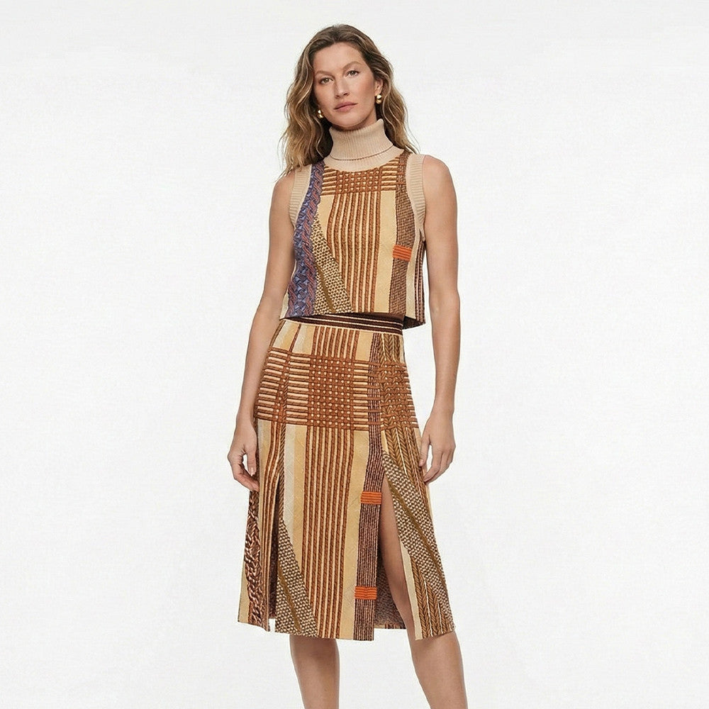 Women's Spring/Summer 2026 Silk printed check pattern Knitted and silk patchwork Shirt dress Suit Set #82539A