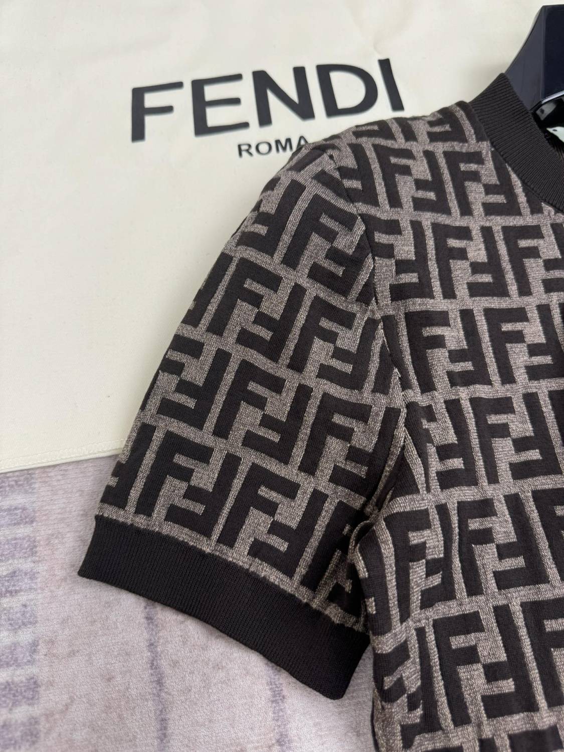 Women's Summer Brown FF Printed Cotton Jersey Top. Fitted Short Sleeve T-Shirt #72932