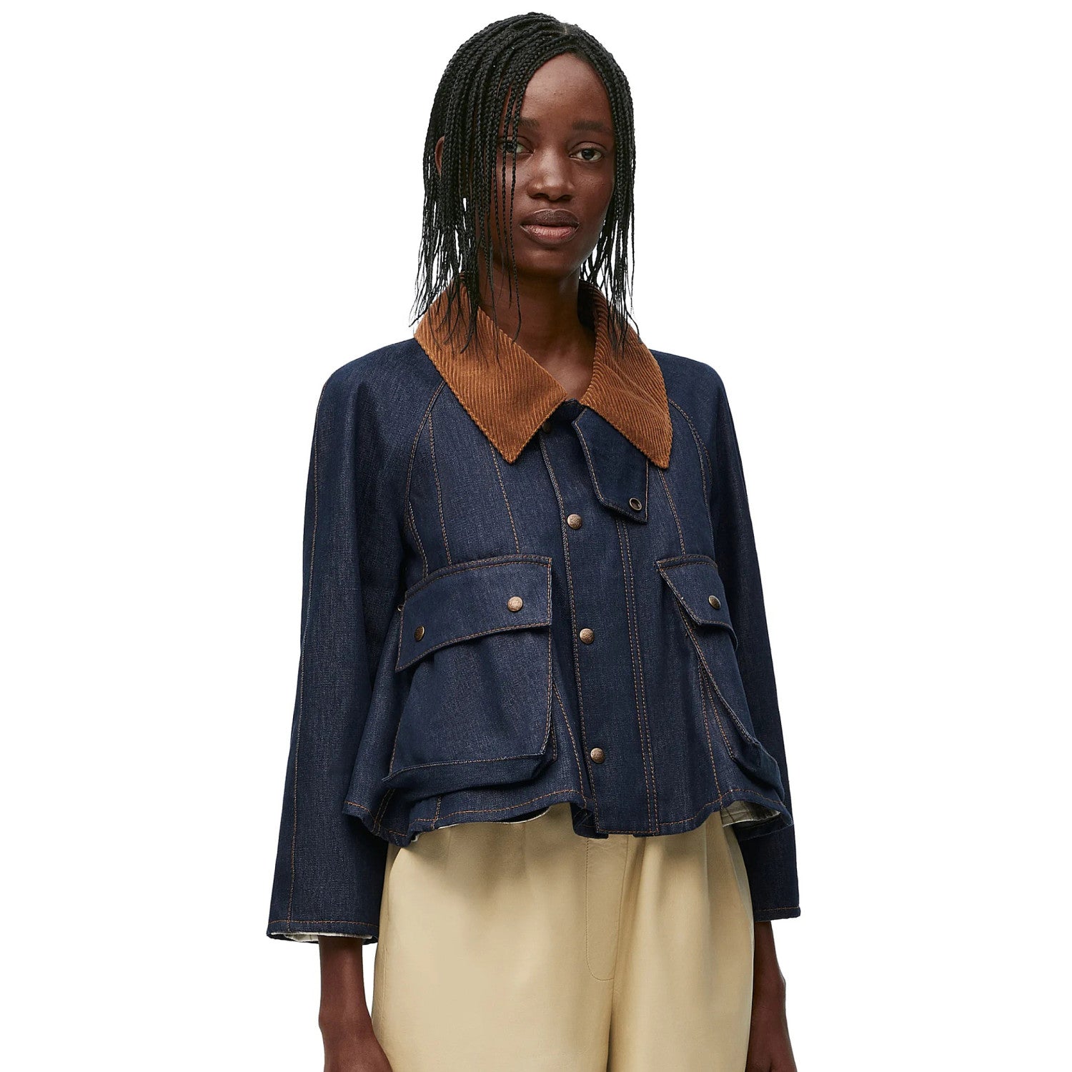 Women's Fall Blue Twill Denim Patchwork Long Sleeve Zipper Jacket #72833