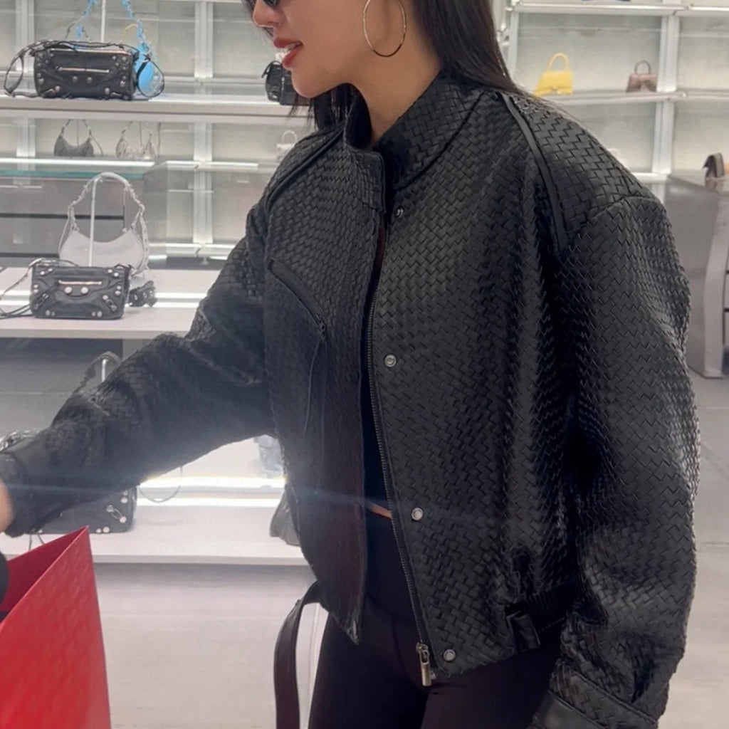 Women's Spring And Autumn Luxury Solid Color Standing Collar Leather Button Braided Sheepskin Biker Leather Coat Jacket Ngvp #8241