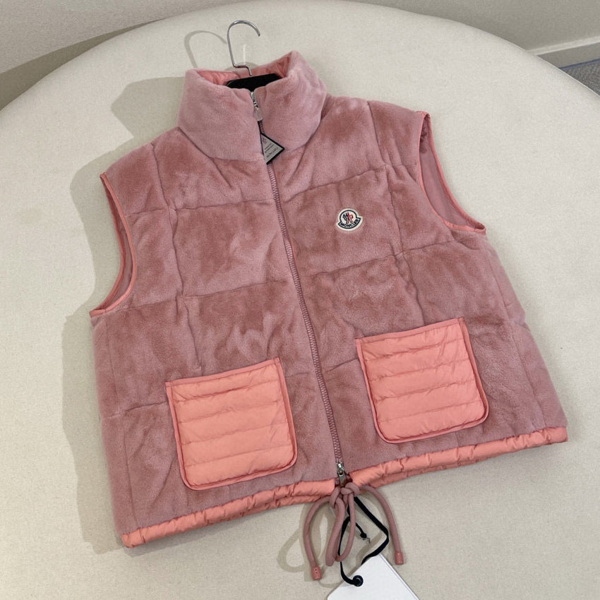 Women's Autumn and Winter Solid Color Embroidery Logo Zipper Drawstring Hem Puffer Down Vest Jacket #73235