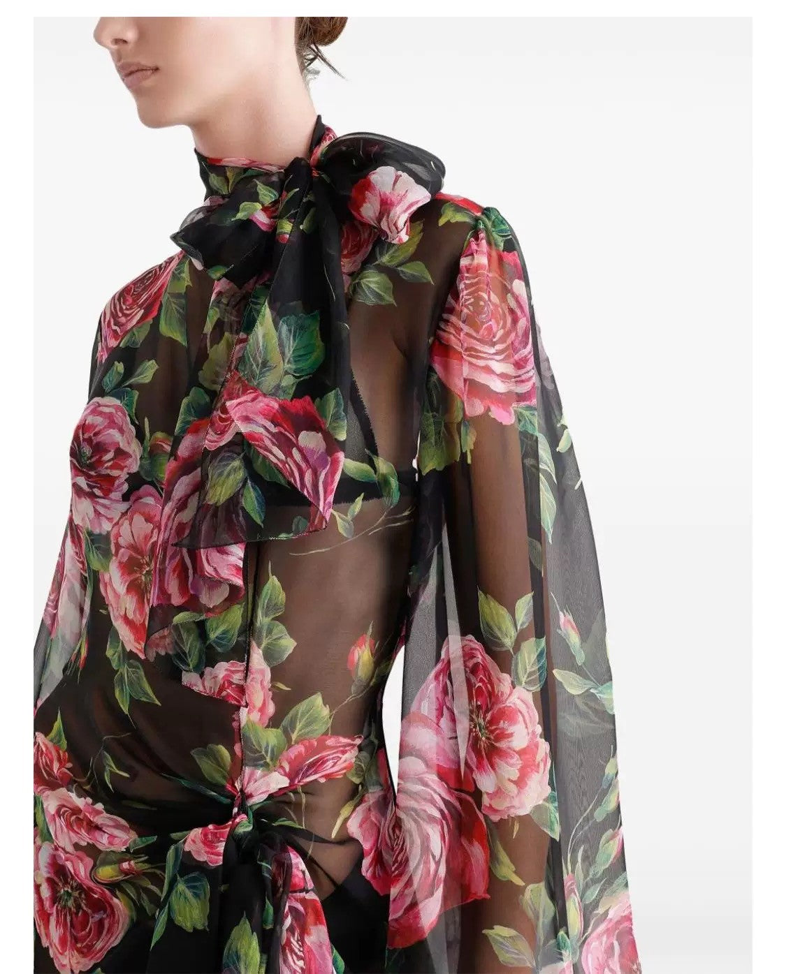 Women's Summer Floral Printed Half High Neck Tie Mid-Length Silk Long Sleeve Dresses Ngvp #9996