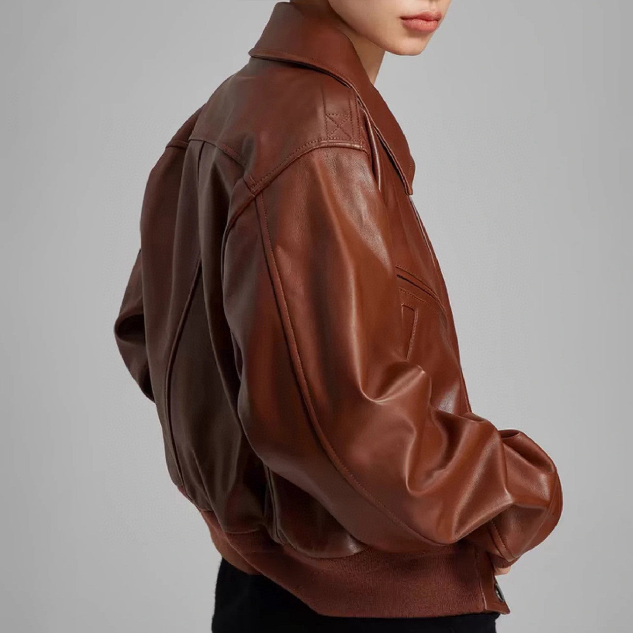 Women's Spring And Autumn Fashion Retro Solid Color Lapel Zipper Long Sleeve Sheepskin Roldan Bomber Jacket Ngvp #6647