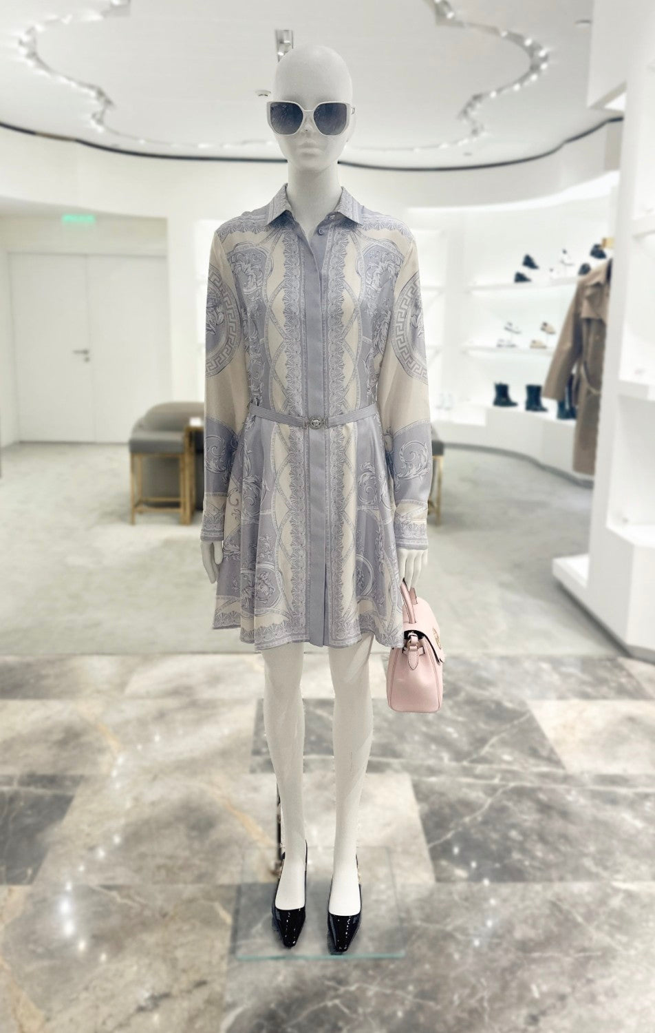 Versace Women's Summer Flip Ancient Greek Floral Pattern Long Sleeve Tunic Silk Dress #75227