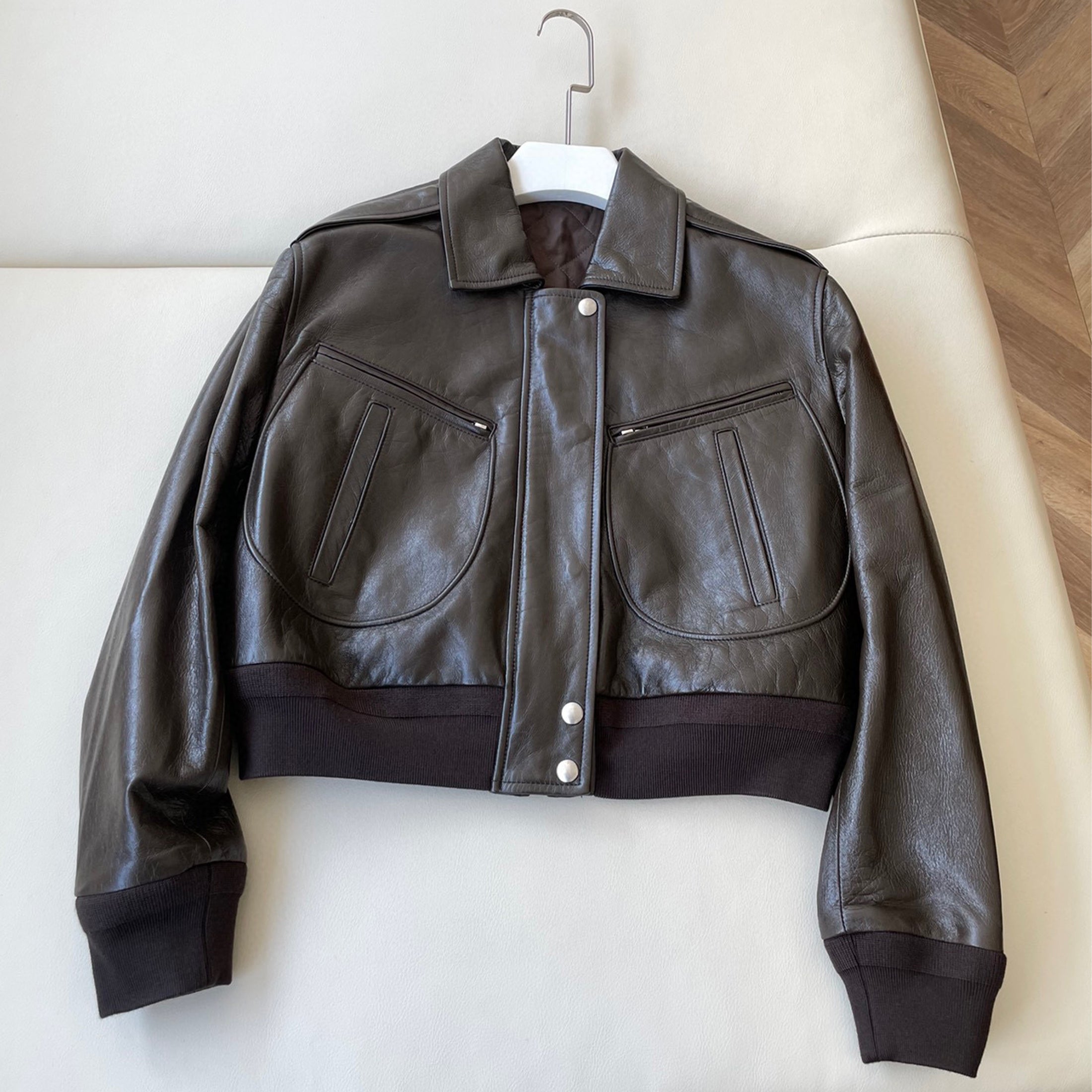 Women's Spring And Autumn Fashion Retro Solid Color Lapel Zipper Long Sleeve Sheepskin Roldan Bomber Jacket Ngvp #6647