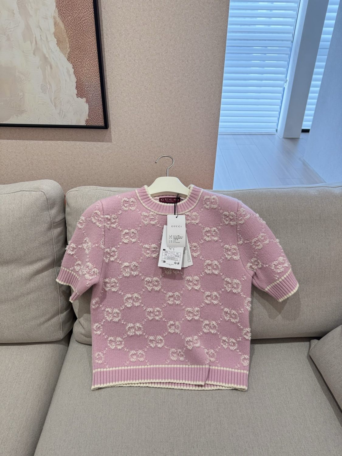 Spring Women's Pink Logo Applique Round Neck Short Sleeve Knit T-Shirt #75325