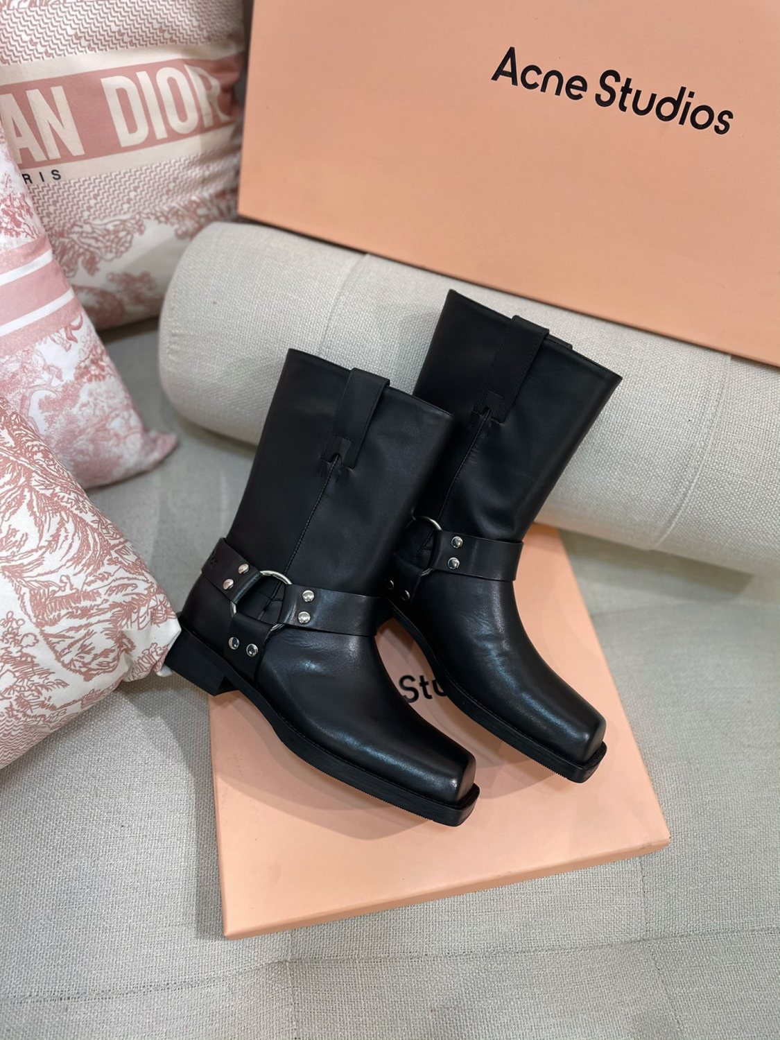 Acne Studios Women's Fashion Overlay Leather Buckle Boots Solid Color Casual Round Toe Boots Ngvp #9275