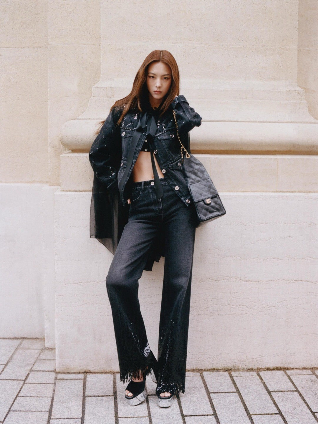 Women's Spring/summer Sequined Fringe Straight-leg Pants Black And White Denim Loose-fit Wide-leg  Long Pants Trousers Ngvp #2169