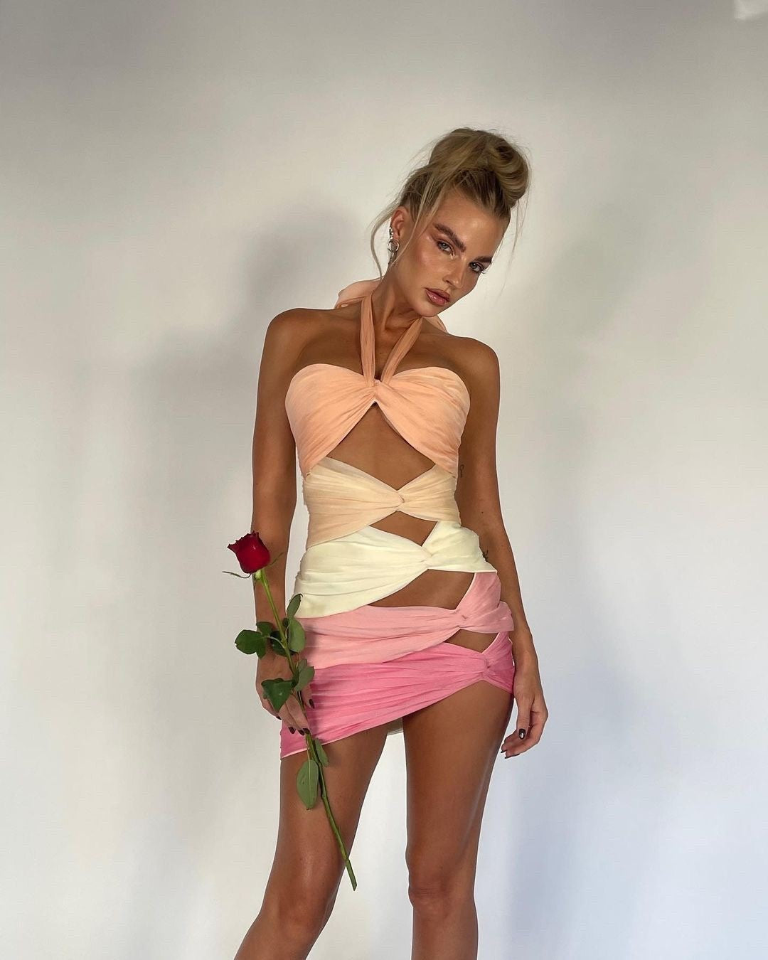 Women's Summer Fashion Sexy Color Blocking Hollow Pleated Sleeveless Dresses Ngvp #8857