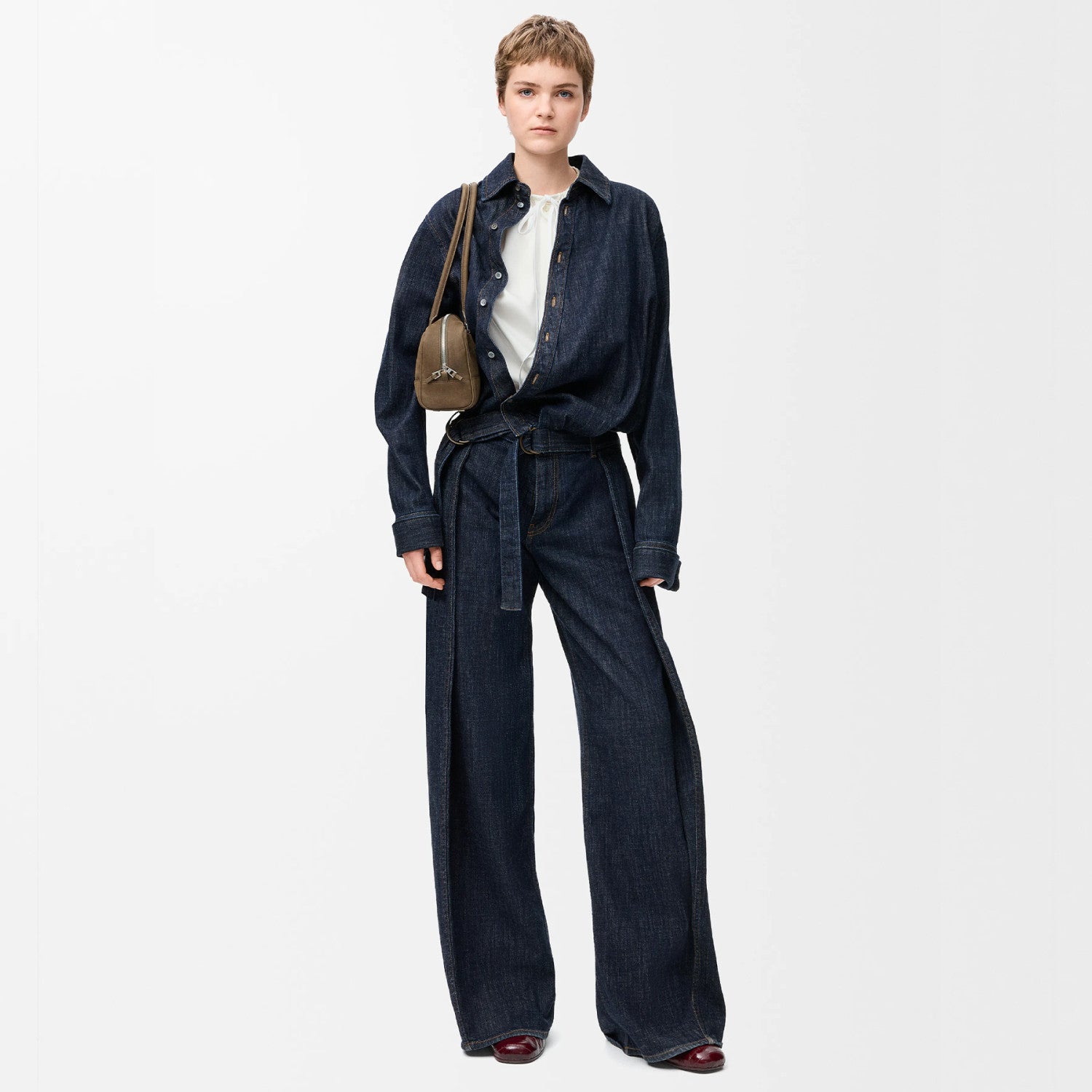 Women's Early Spring Indigo Light Cotton Tannin Cloth Shirt Asymmetric Profile Twisted Structure Straight Wide-leg Pants Lady Suit Set #194827