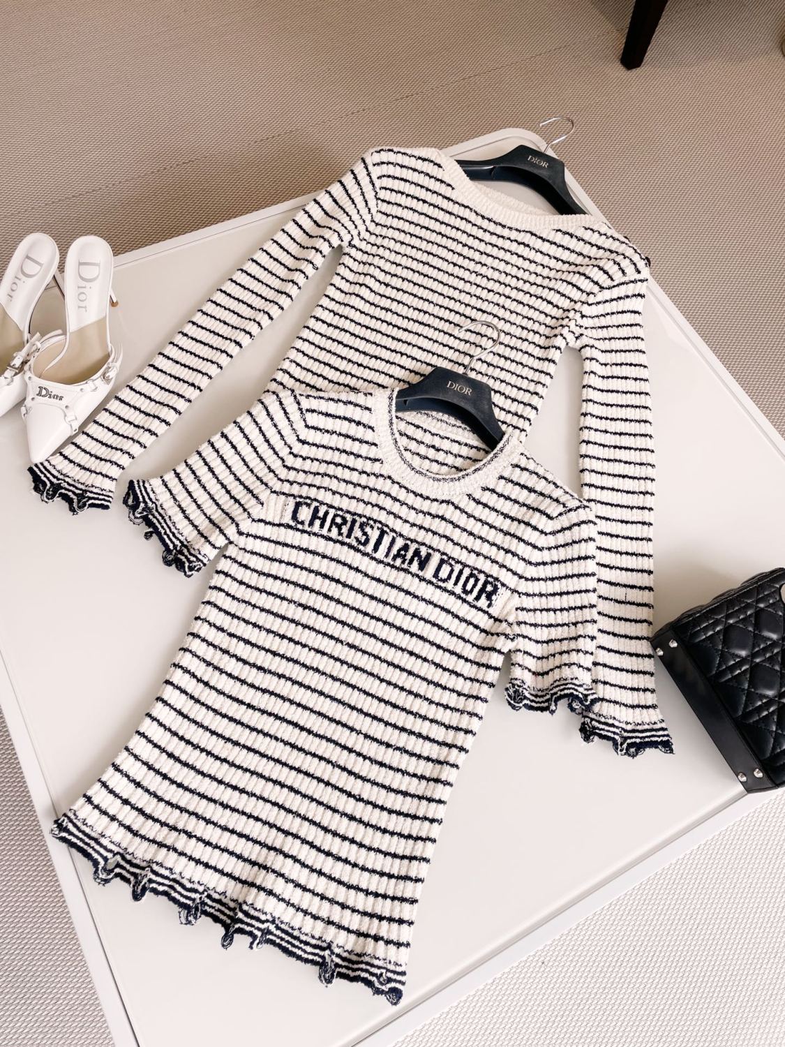 Women's Summer Logo Letter Printed Striped Round Neck Knit Short Sleeve T-Shirt #74843