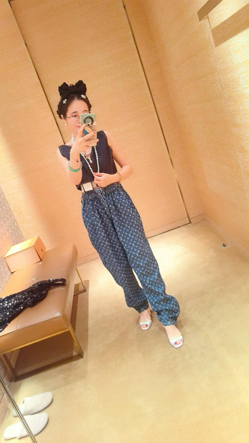 Monogram Jeans Women's Luxury Elastic Waist Drawstring Straight Jeans Fashion Temperament Trend Denim Pants  #81451