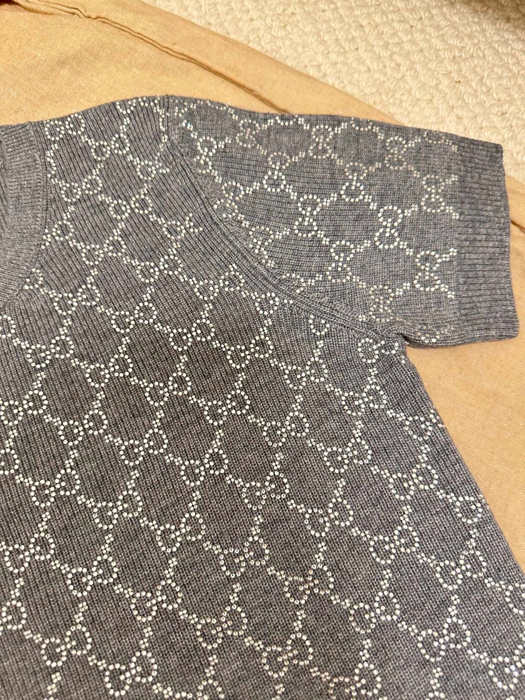 Women's Summer Gray Letter Logo Rhinestone Decoration Slim Short Sleeve Knit T-Shirt #72992