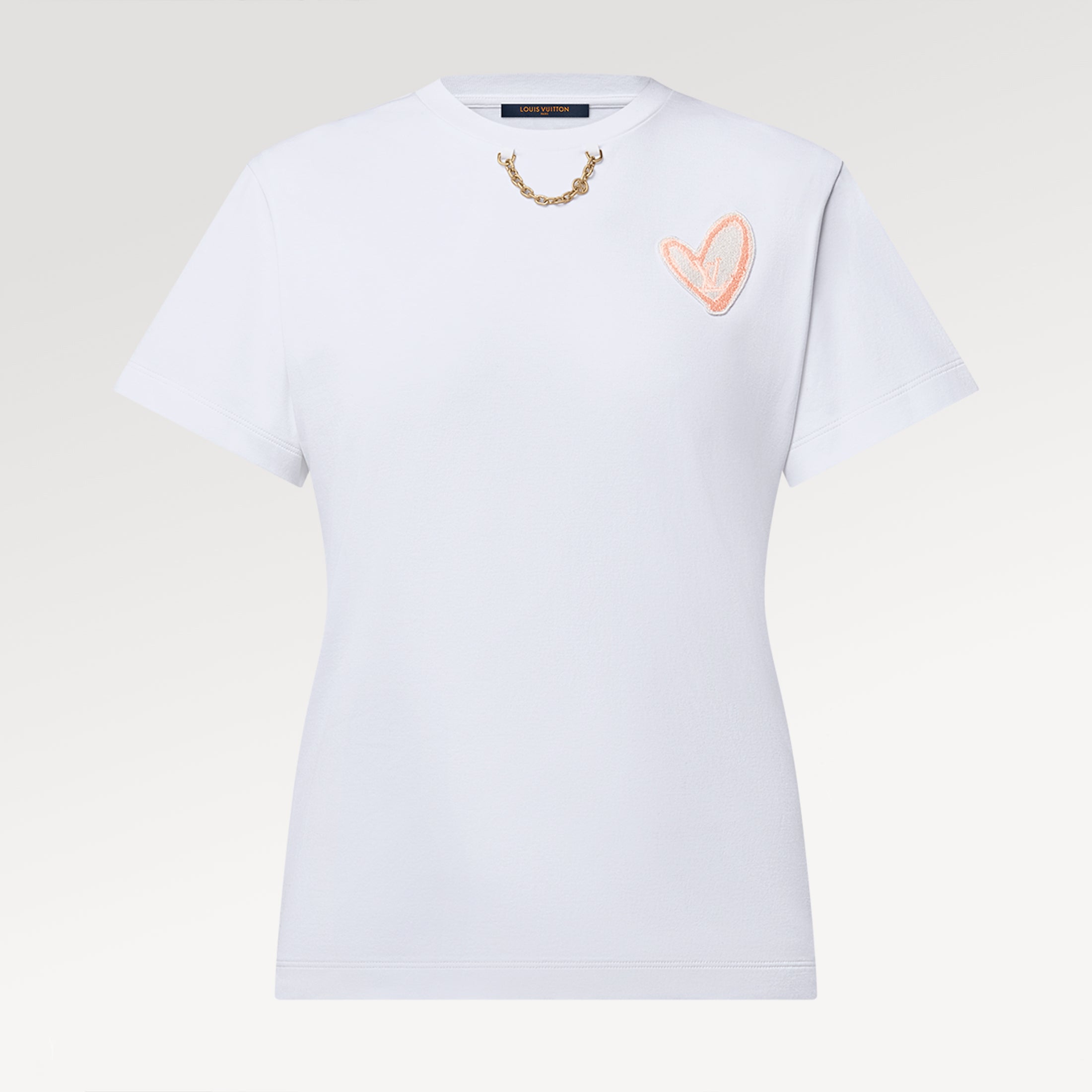 Women's Spring And Summer LV Chain Heart Appliqu T-shirt Solid Color Fashion Casual Round Neck Cotton Tops #71375