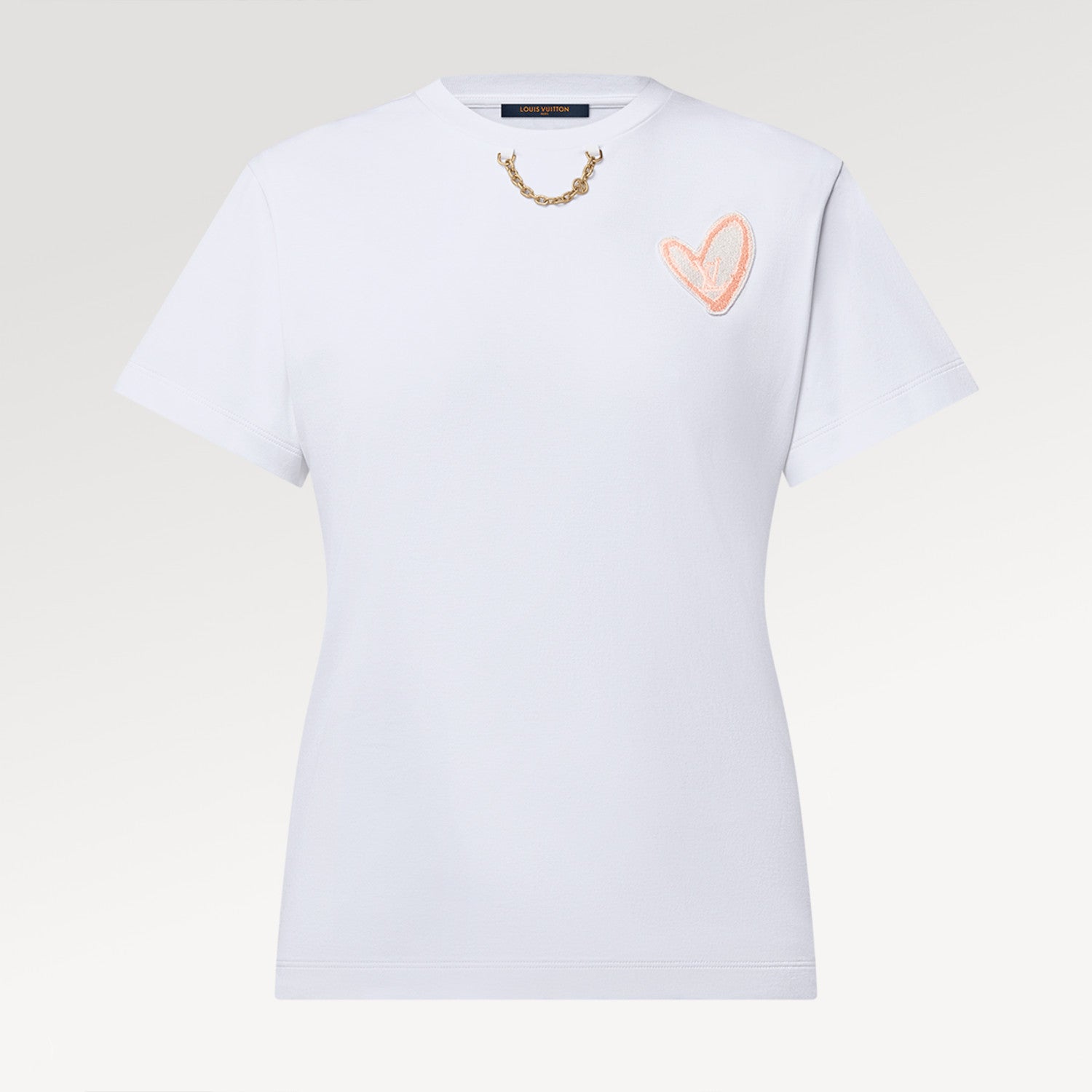 Women's Spring And Summer LV Chain Heart Appliqu T-shirt Solid Color Fashion Casual Round Neck Cotton Tops #71375
