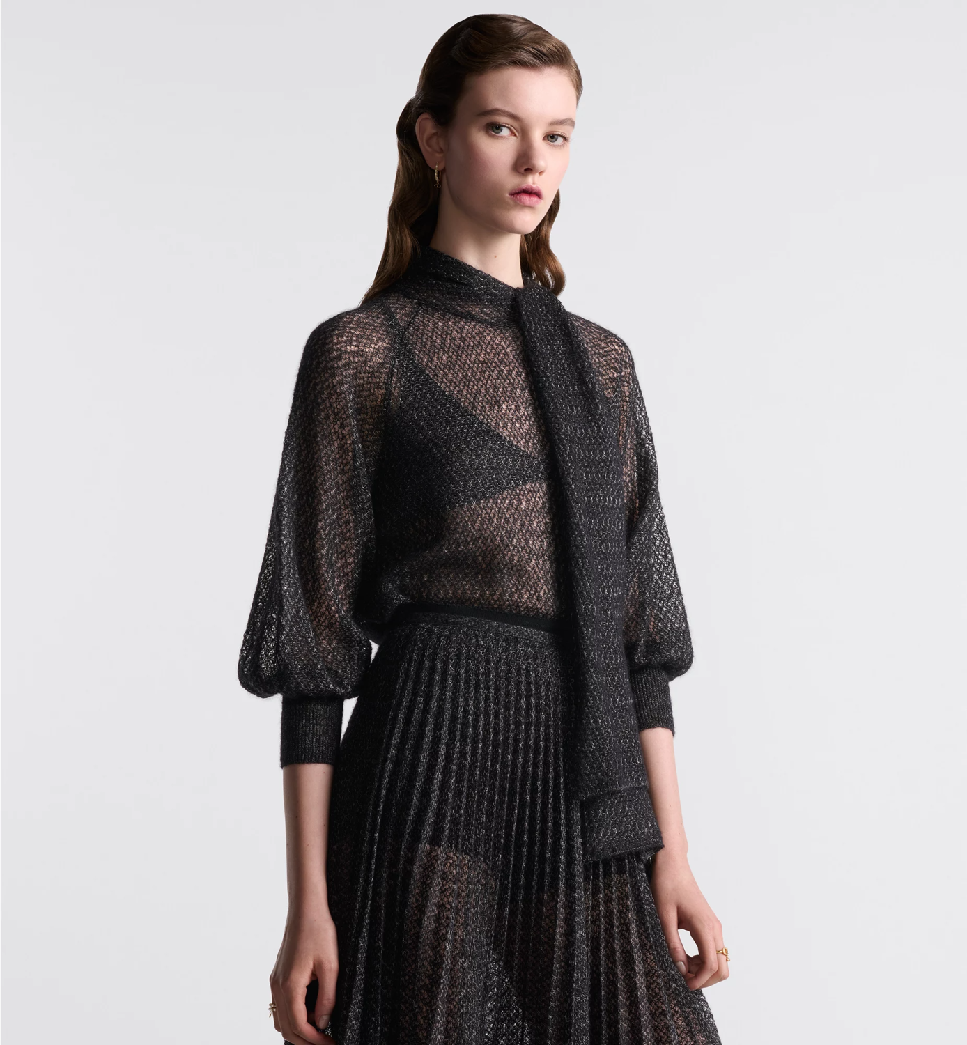 DiorWomen's Fall Mohair. Alpaca and Silk Blend Stretch Knit Top Black Bow Neck Fitted Long Sleeve Sweater Ngvp #9331