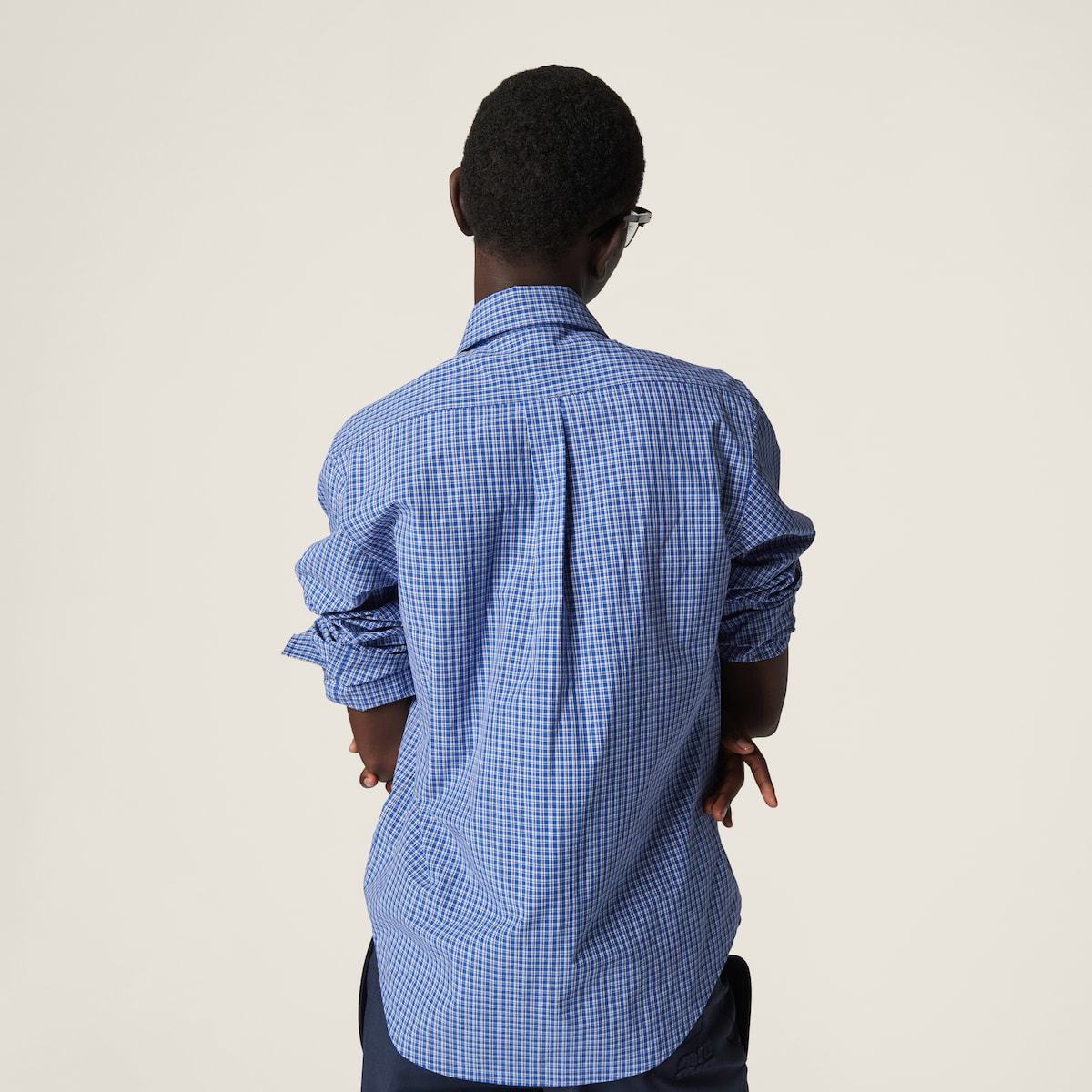 Women's Spring And Summer Blue Plaid Letters Embroidery Drop Shoulder Single Breasted Collar Long Sleeved Shirt #98989