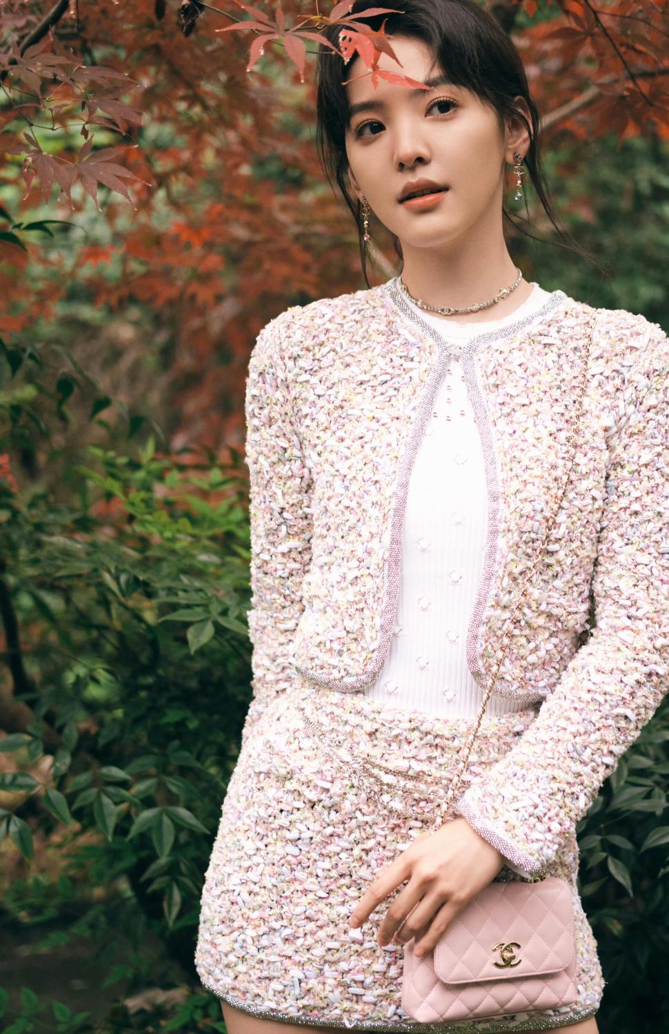 Women's Spring/Autumn Round Neck Rhinestone Trim Color Block Long Sleeve Cardigan Jacket Casual Tweed Stretch Skirt Ngvp #2274