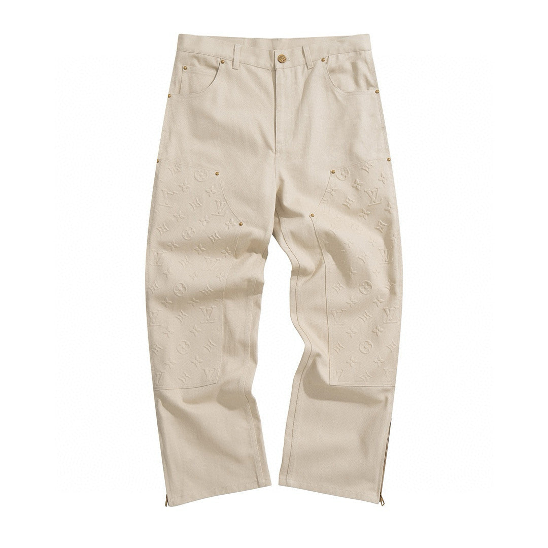 Men's Spring/Summer Monogrammed Khaki Mid-Rise Zipper Slim Straight Jeans Pants #98427