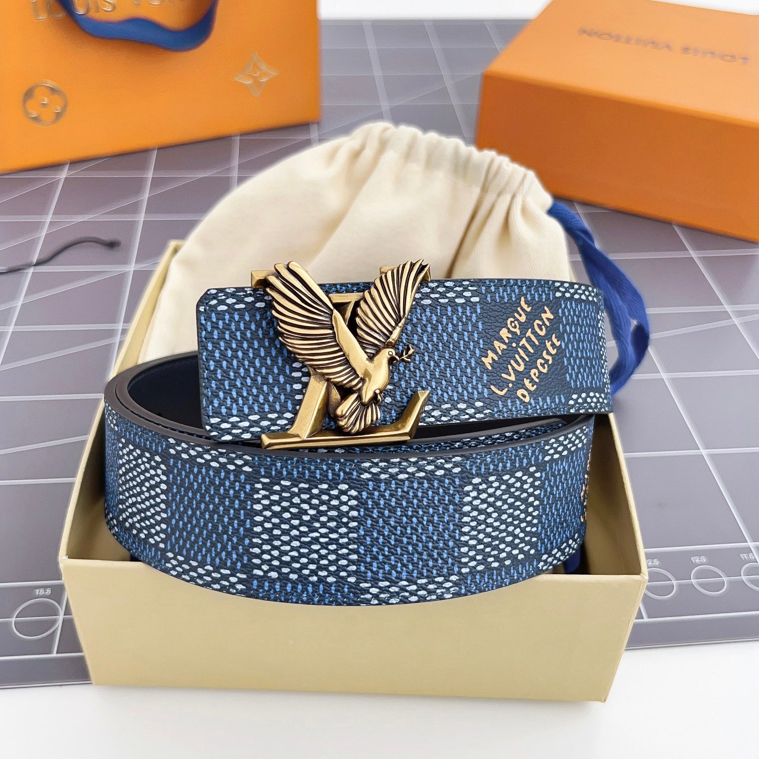 Men's Metal Eagle Buckle Color Checkered Letter Logo Leather Belt Accessory #72695